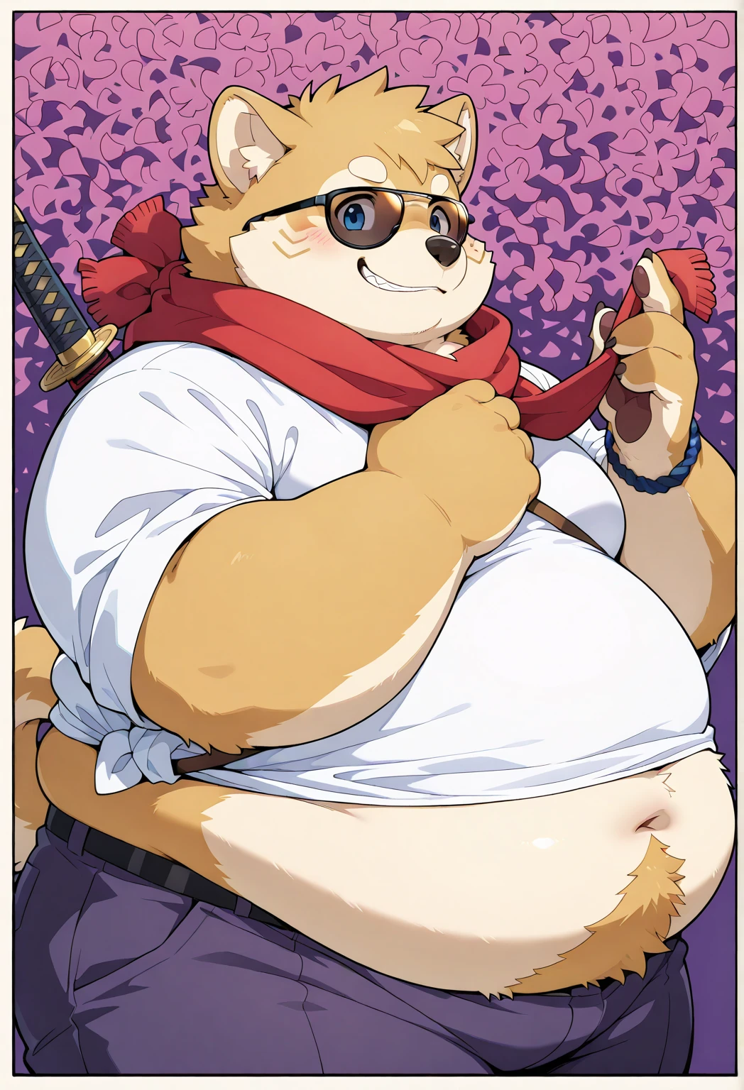 A man slightly chubby, shaped like a white dog brown ears Boy with horny face heart-shaped eyes he Wear traditional Japanese underwear with a loose jacket, touching own self , Wear a necklace with a bell s