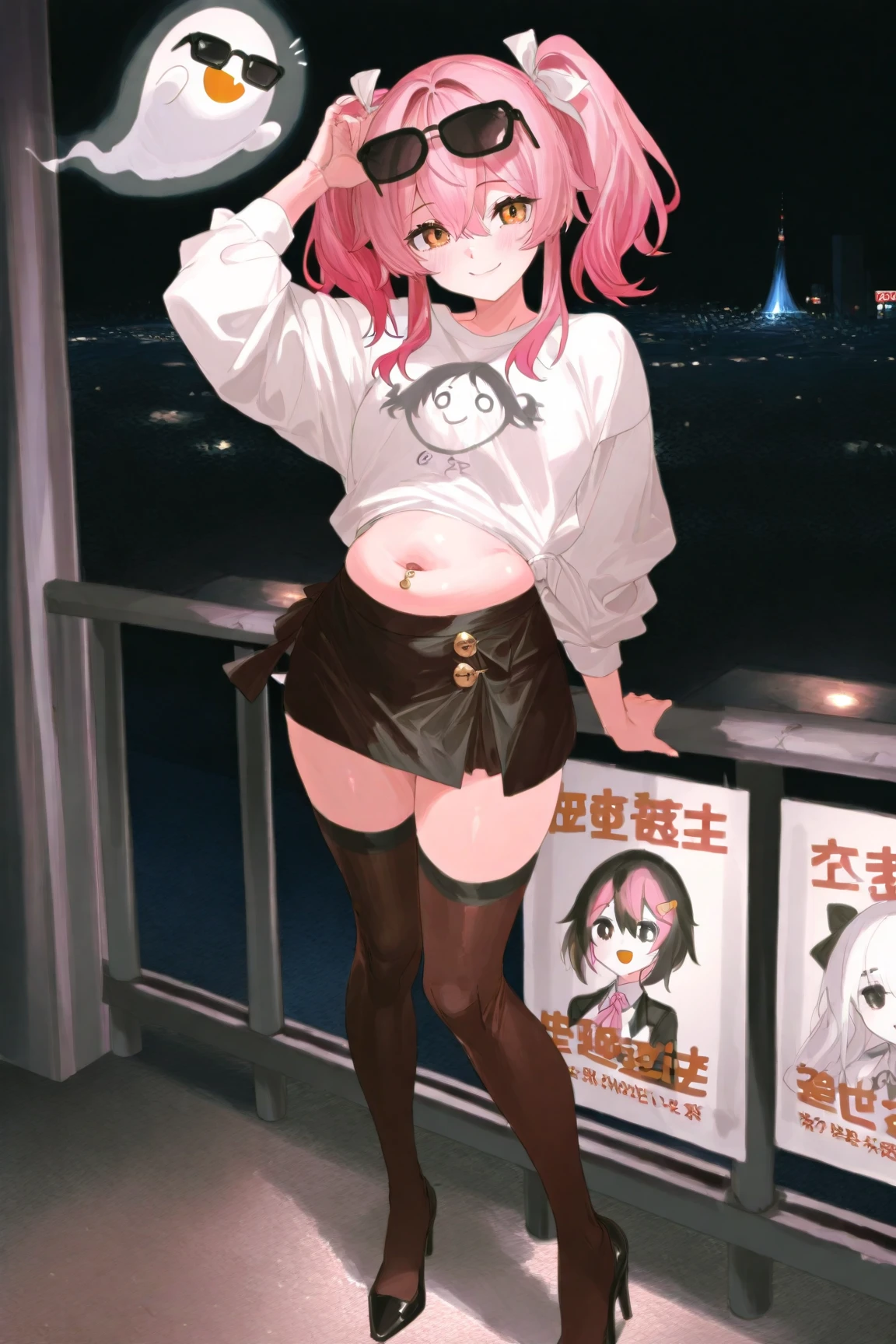 1girl, solo, yorigami jo'on, orange hair, drill hair, eyewear on head, orange eyes, earrings, looking at viewer, crowd, sitting, makeup, morden city, mole under mouth, colored inner hair, blue streaked hair, white streaked hair, bar, night city, T-shirt, Denim shorts, fishnet stockings, stockings, neon lights, sitting, spread legs, smile, open mouth, heart in eye
