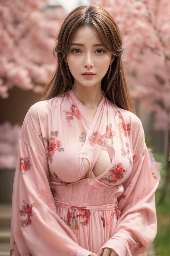 ((highest quality)), ((masterpiece)), (detailed: 1.4), 3D, beautiful cyberpunk woman image, HDR (high dynamic range), ray tracing, NVIDIA RTX, super resolution, unreal 5, Scattered beneath the surface, PBR texture, Post-processing, anisotropic filtering, Depth of bounds written, maximum sharpness and sharpness, multilayer texture, Albedo and highlight mapping, surface coloring, Accurate simulation of honey-material interactions, perfect proportions, octane rendering, two color light, Large Diameter, Low ISO, White balance, Normal 3 points, 8K students, beautiful bright pupils, flowing robe, delicate face and eyes, long eyelashes, fluffy hair, pink lips, Pure, cute, cleavage、Angle from above、stardust、Sparkling snow is falling、thighsが見えている、forest bathing、daytime、new year pink kimono、Fancy embroidery、thighs