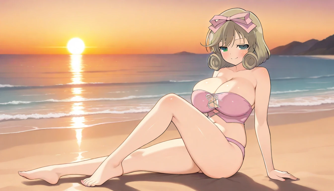 Anime illustration、highest quality、Voluptuous gravure idol、Perfect proportions、bikini、Beach parasol、Deck chair、Sandy Beach、smile、Big Breasts、Thick legs、Sweaty