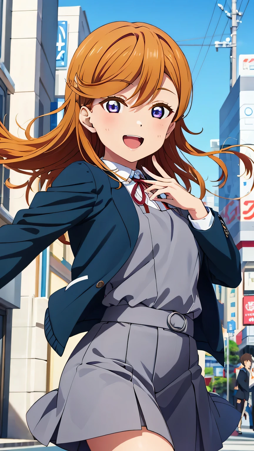{{{masterpiece}}}, (best quality:1.5), (ultra-detailed:1.5), {illustration}, {{an extremely delicate and beautiful}}, (beautiful detailed eyes:1.6), absurdres, highres, extremely detailed face, 16k, hd, visual anime de uma jovem mulher, extremamente bonito rosto de anime, anime melhor garota, (perfect hands, perfect anatomy), anime face, shibuya kanon(love live! superstar!!), 1girl, solo, cute face, orange medium hair, semi-long hair, asymmetrical bangs, (purple eyes:1.2), medium breasts, big hips, curvaceous, BREAK, {{yuigaoka school uniform}}, blue jacket, open jacket, long sleeves, grey pinafore dress, white collared shirt, red neck ribbon, black socks, BREAK, musical note background, open mouth, smiling, flushed cheeks, pointing, dancing, walking, flushed cheeks, looking at viewer, outdoor, city, building, sky, daytime, cowboy shot