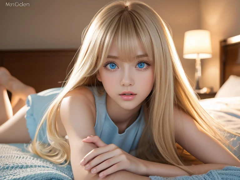 A very white and beautiful 20-year-old blonde girl、Mastepiece, Best Quality, Illustration, Ultra-detailed fine details, Natural platinum blonde with a natural shine、Super long straight silky hair、Super long Rapunzel hair、Hair tangled all over the body、disheveled bangs above the eyes,、Bangs that cover the face、Hair worn in front、High resolution, 8K Denden Wallpaper, Perfect dynamic composition, Beautifully detailed large light blue eyes , Very big eyes、of hotel(Bed)、Small Face Beauty、Round face、On all fours、Double eyelids