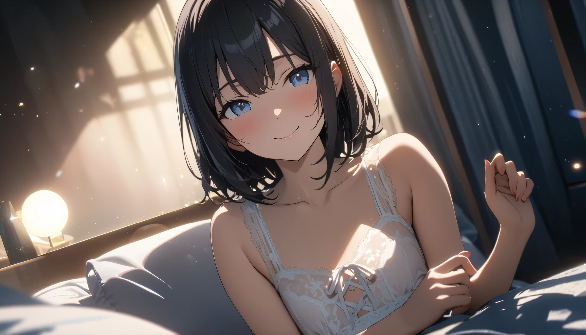 (Highest quality、High resolution:1.2)、Super detailed、Real、Long black hair、Bobcut、18-year-old female、composition、one's home、Absolutely stunning、Clear and bright eyes、cool、Big eyes、Close-set eyes、Where you are undressing、Sexy pose