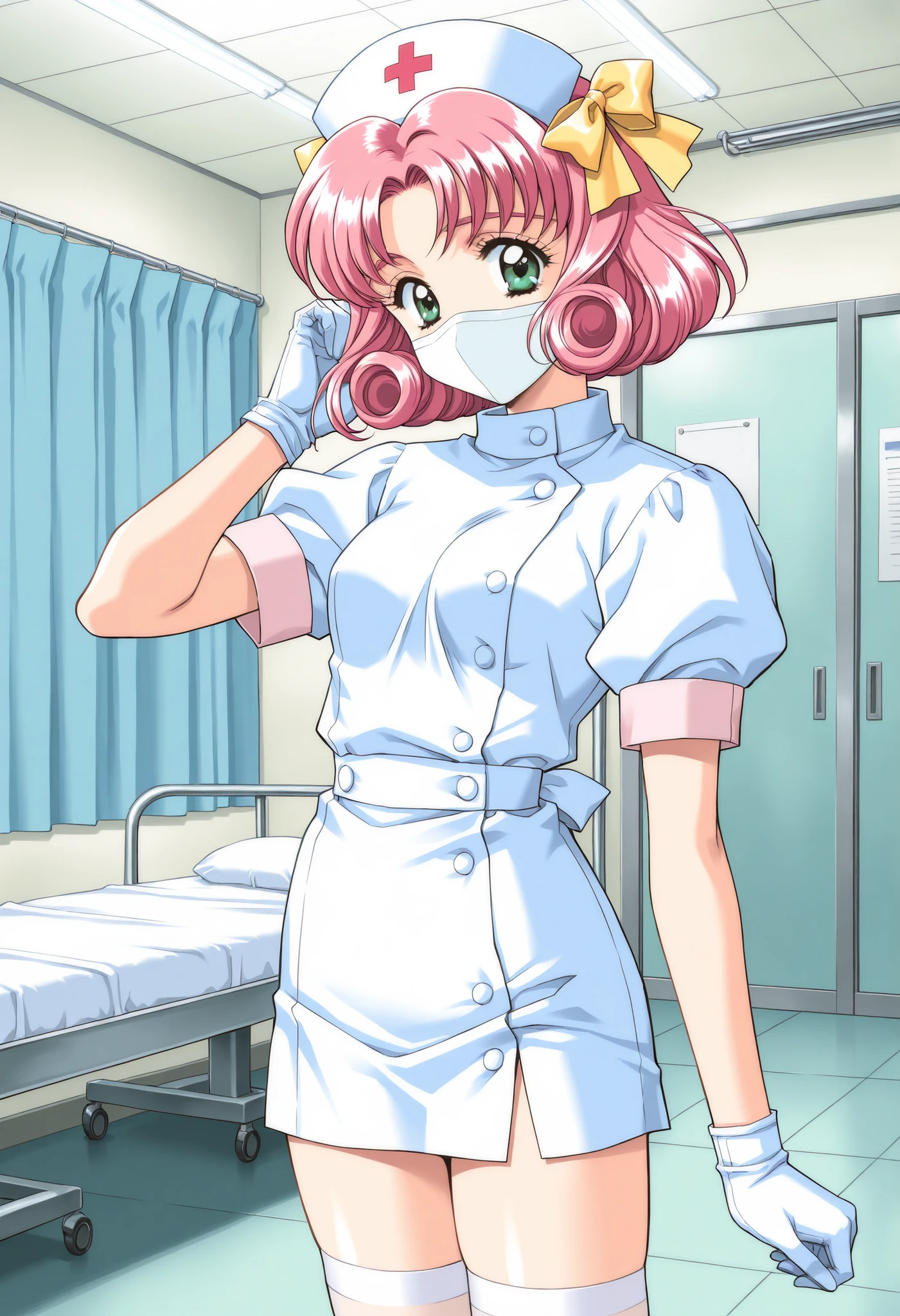 Score_9, score_8_up, score_7_up, source_anime, MinagawaNana, 1girl, solo, pink hair, short hair, green eyes, curly hair, hair ribbon, Yellow bow, small breasts, 1990s (style), kadoi aya style, (best quality), (high quality), {masterpiece}, extremely delicate and beautiful, ultra-detailed, beautiful detailed eyes, nurse, nurse hat, ((white nurse's outfit)), white gloves, white thighhighs, hospital room, ((white mask, mouth mask, covered nose)), standing