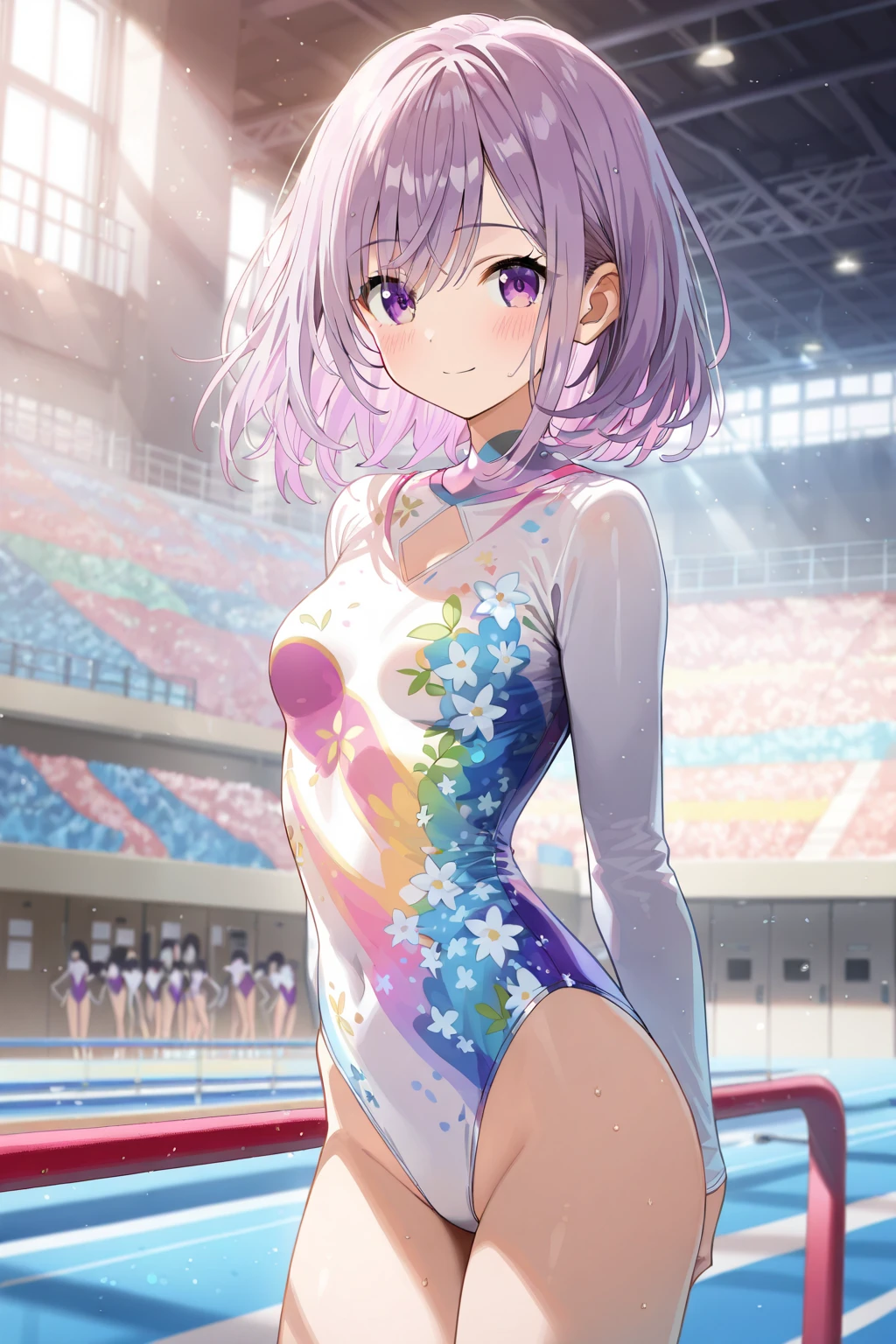 expensivequality illustration, masterpiece, Very delicate and beautiful, Attractive girl,(Gymnastics leotard, Floral print leotard,Long sleeve leotard with glittery embellishments,expensive_Leg leotard,athletic leotard,tight-fitting leotard,Rainbow gradient leotard),thin,Slender body,slim,expensive school,Gymnasium background,Gymnastics Club,Gymnast,Princess, Beautiful Eyes,A light smile,(masterpiece, Highest quality:1.2), expensiveres, 非常に詳細な CG ユニティ 8K 壁紙, Perfect lighting, colorful, ultra-expensive res,4K,Super detailed, photograph, 8K, High resolution, 17 years old,