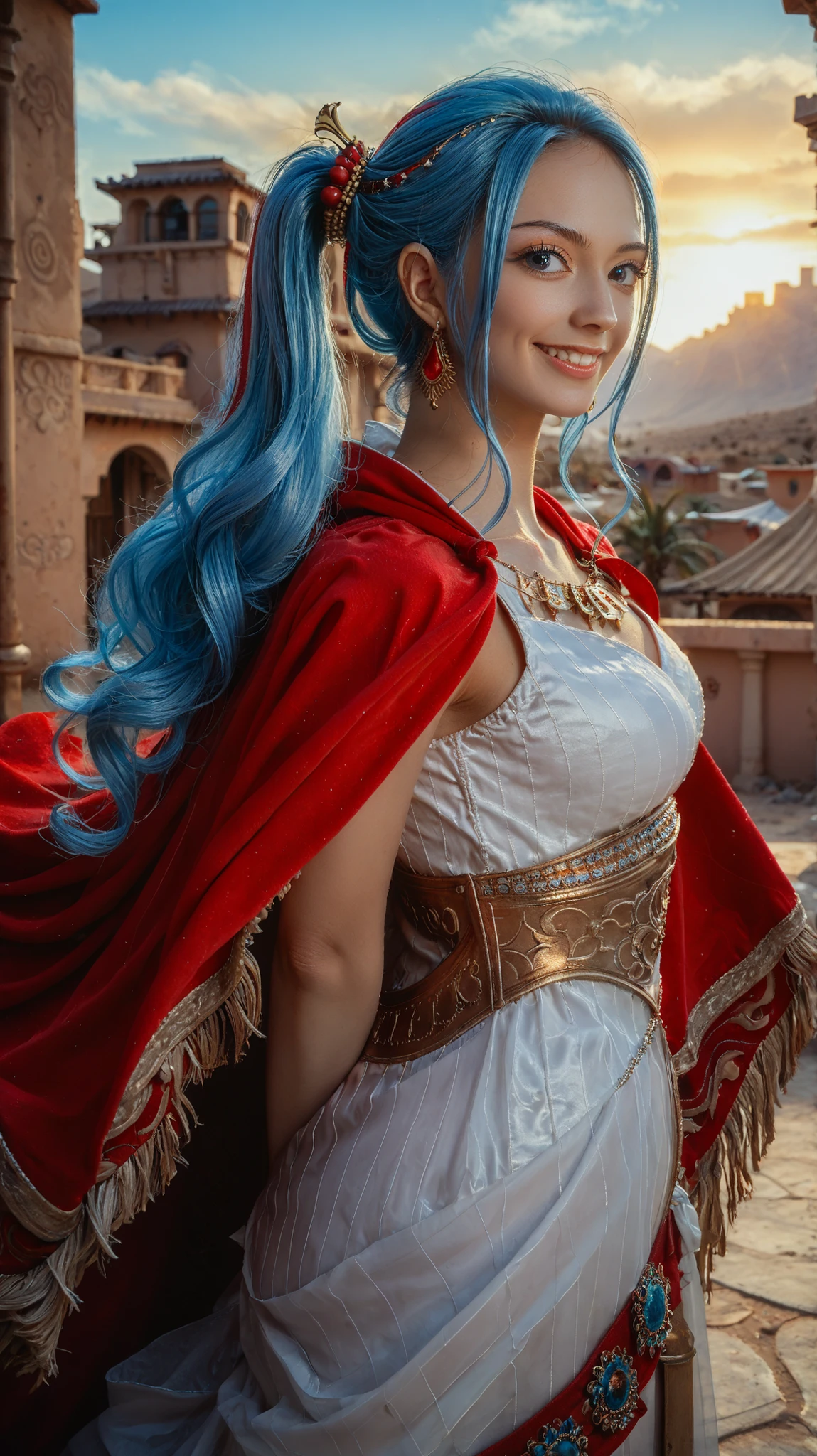 masterpiece, ((ultra detailed background, delicate pattern, intricate detail)), (highly detailed, fine details), best quality, beautiful lighting, (portrait), NefertariViviV3, 1girl, long hair, blue hair, solo, jewelry, earrings, ((red cape, white dress, simple dress)), ponytail, hair ornament, necklace, sky, blue eyes, complex detailed background, outside, sunny, desert town environment, buildings, town, market, hair lift, hands behind back, smile,
Asian, beautiful (25 years old), toned abdomen, charming, highly detailed, cosplay, Korean style
