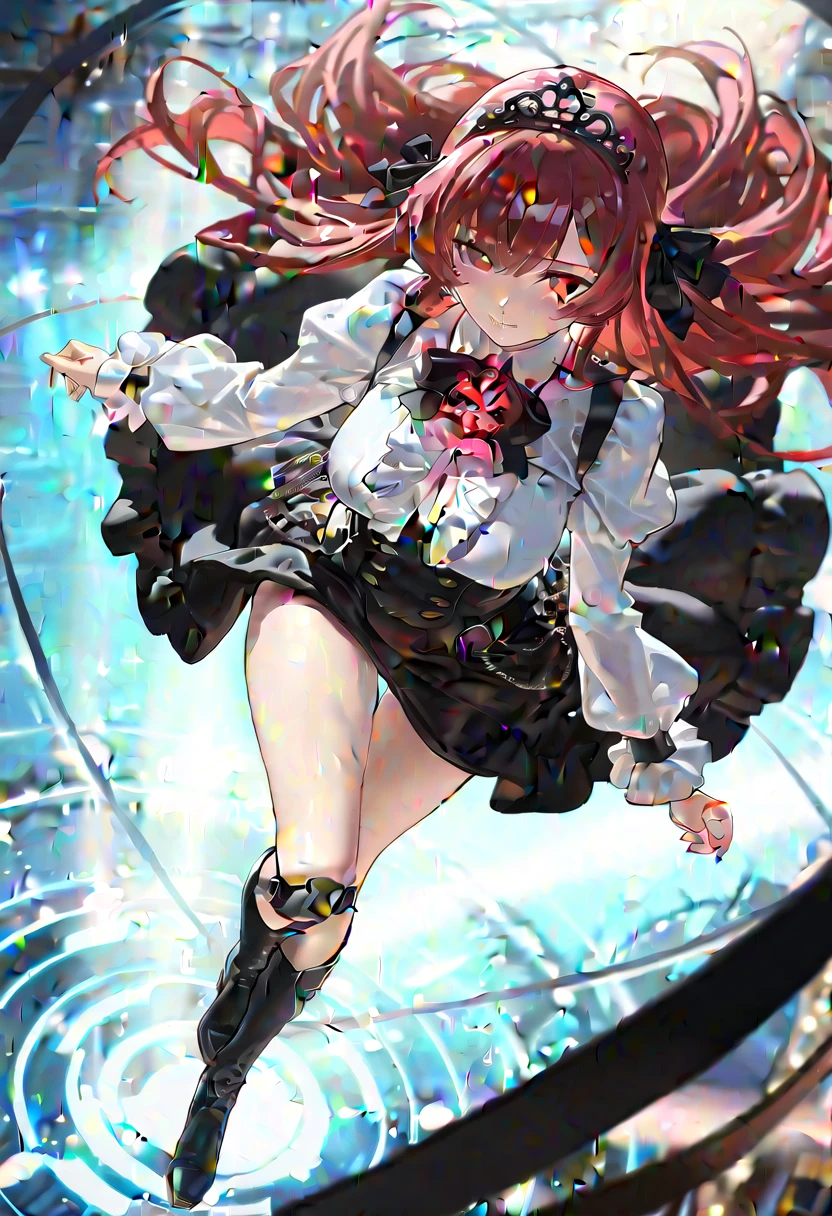 (Masterpiece, Best quality, High quality:1.4), Professional artwork, Intricate details, Field of View, Sharp focus, Detailed painting, Masterpiece, Cinematic lighting, trending on pixiv, (Vivid lighting, Vibrant colors, author：Nagasawa rose:1.05), (,A MILF:1.1), Solo, (Curvy:1.1), standing, (Full body shot:1.1),
(Red hair:1.05), Long hair, High ponytail, lipstick, Makeup, Ultra Detail Hair, Ultra Detail Face, (Purple eyes:1.05), Perfect eyes, Perfect face, (Confused, Blush:1.2), (black thighhigns, a garter belt:1.1), Pleated skirt, White shirt, high-heels,
(Large breasts:1.1), cleavage, Big ass, Thighs,