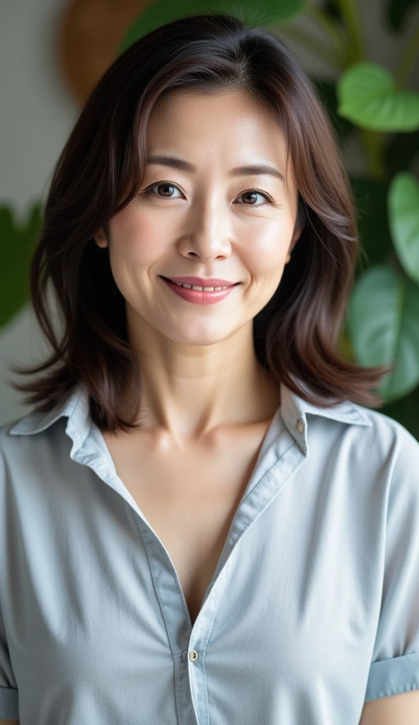 Japanese women、50 years old、Brown Hair、Hairstyle to the shoulders、T-Shirts、Ｂcup、Embarrassed look