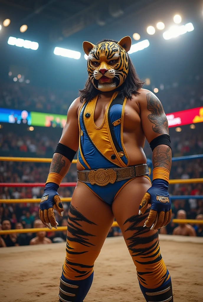 ((masterpiece, best quality)), man in a tiger wrestling mask and black shiny wrestling tights with tiger image on leg posing for a picture, tiger_beast, 3d model of a japanese mascot, tiger paws as gloves, photo realistic, intricate details