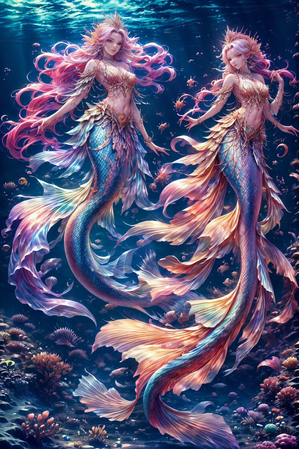 (best quality,4k,8k,highres,masterpiece:1.2),ultra-detailed, Pretty 15 years old princess magically transformed into a beautiful mermaid, race swap, fantastic transformation, steampunk, long and detailed mermaid tail below waistline, fins ears, shimmering red fish scales, drawn in anime style, very long pigtails red hair, sharp teeth, is smiling, pink eyes, small breast, long pelvic and dorsal fins, pair of fish gills on the torso, seashells bra, starfish hair clips, pearl earrings and bracelets, pearl necklace, hair ribbons, gold tiara, lying down on a sandy beach, new beautiful body,she’s smiling,embracing her new life has a mermaid, brushing her hair with an hairbrush, ocean waves,sparkling water,coconut trees,seagulls,vibrant colors,magical glow,shimmering scales,sea breeze,warm sunlight,joyful expression,island paradise,lush tropical plants,dynamic composition,soft and smooth lines,expressive facial features,gentle water reflections,serene atmosphere, Highly detailed, masterpiece, high quality, 4K.