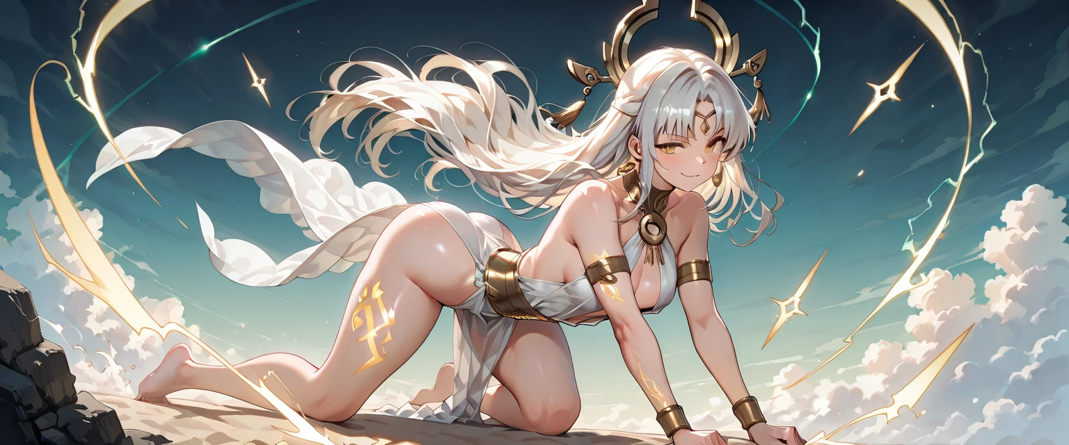 (((Leg spread)))、(((Strong winds)))、storm、(((Golden eyes)))、(hair ornaments)、(Golden Tattoo)、(((naked)))、(((pubic hair)))、Female organ、Beautiful beauty、(((Gray Hair)))long、((whole body))、(((Photo taken from below)))、Night Sky、The background is a night forest