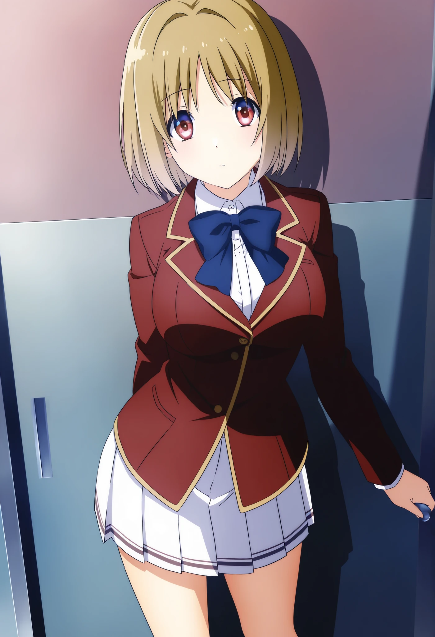 1girl, kushida kikyou,short light-blonde hair,bangs covering her forehead,eyes red,large breasts,school uniform,red blazer,white shirt,blue bow tie,short pleated white skirt,socks, looking at viewer, standing