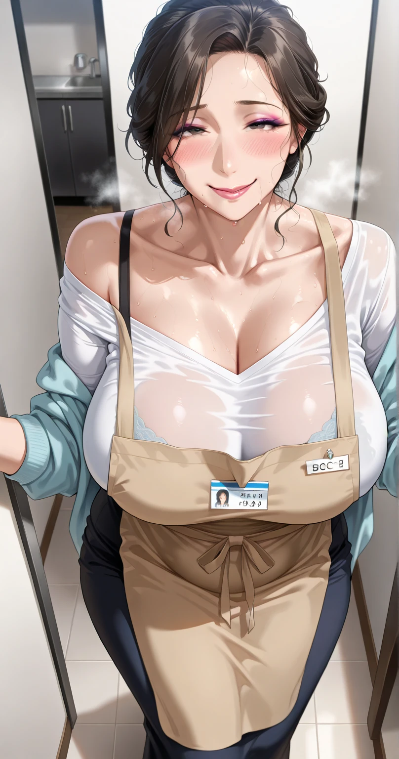 Score_9, Score_8_up, Score_7_up, Score_6_up, Score_5_up, Score_4_up, Source_real, Tag1, Tag2, Quality_masterpiece, Anatomically correct, realistic, Mature Woman(aunty, makeup, (messy hair:0.7), messy clothes, collarbone, off shoulder, big breasts, apron, shirts, long skirt, blush, sweaty, steam, smile),, A kiss mark on her neck, portrait, High-angle view, Fucked silly, realistic, mature woman, 45 year old woman,