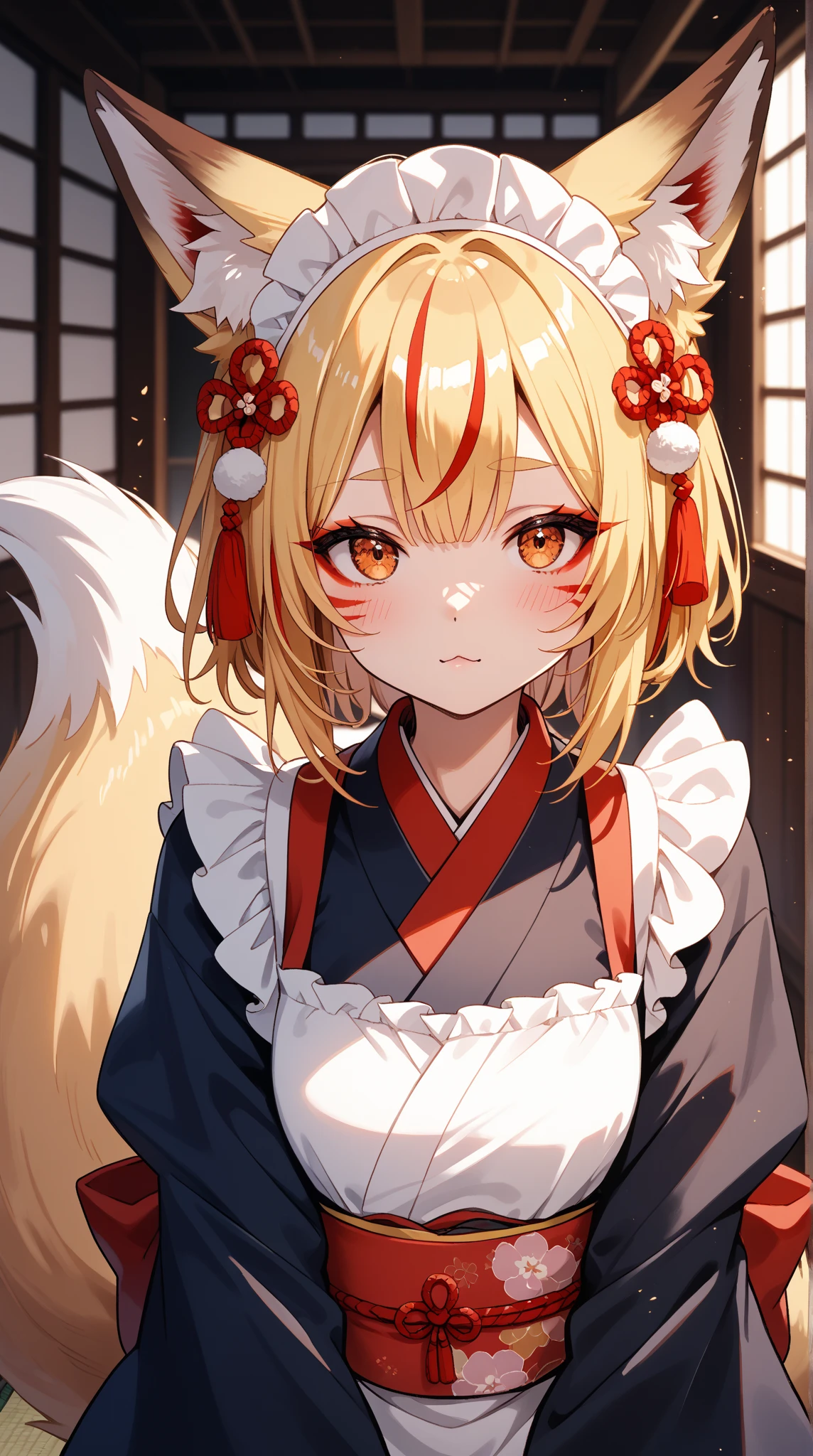 sscore_9, score_8_up,score_7_up,source_anime,BREAK young face,small height,red eyeliner,thick eyebrows,small fox ears,facial mark,fox mark,light blue eyes,slit pupils,standing,shrine,soft blonde, hair between eyes,bangs,traditional_clothes,tail,looking at viewer,dual fangs,low twintails,long twintails,smug,hair bell ornament,solo  <lora:tanabae_kyou_style_pony6_v1:1>