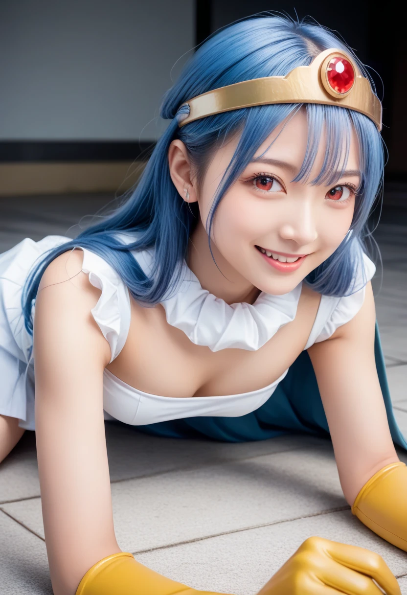 masterpiece、1 beautiful girl、fine eyes、Smile、puffy eyes、highest quality, 超High resolution, (reality: 1.4), movie lighting、Japanese、asian beauty、Korean、super beautiful、beautiful skin、body facing forward、close up of face、upper body close-up,(超reality的な)、(High resolution)、(8k)、(very detailed)、(美しくfine eyes)、(Super detailed)、 (wall-)、detailed face、bright lighting、professional lighting、looking at the viewer、look straight ahead、slanted bangs、Bright light blue hair、Nogizaka Idol、20-year-old、masterpiece, highest quality, Super detailed, shape, sage_(DQ3),long hair, blue hair, circlet, red eyes,small breasts, yellow gloves, white dress, belt, cape, boots,