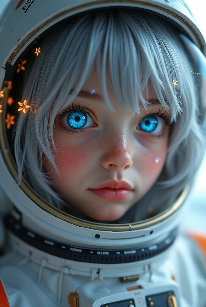 (Get a closer look at more masterpieces:1.5)0.9], Small Eyes，The eyes are particularly small，(Space and astronauts:1.2) (Messy silver hair:1.1) (Heterochromia xanthochromia and blue eyes:1.2) (Space Helmet:1.0) (Colored stars in the eyes:1.0) (shining:1.1) (thick lips:0.9)