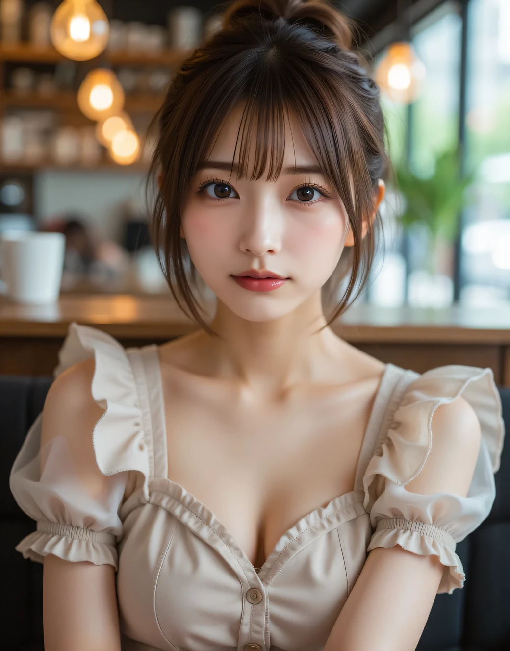 (highest quality, 8k,32k,masterpiece, Ultra-high resolution:1.2),Very detailedな CG Unity 8k 壁紙,Intricate details,RAW Photos,(Realistic:1.4),atmosphere,Ultra-high resolution,Genuineistic,Genuine,Huge_file size,Unbelievably absurd,Ultra Illustration,(Very detailed),Dramatic lighting,different colors,Written boundary depth,art:Krenz Kushart,Golden Hour Lighting,Shot with Canon EOS,SIGMA art lens 35mm F1.4,ISO 200, shutter speed 2000,break, 1 girl,(Sensual smile,Gazing into the distance,Side view:1.2),(Gradient Brown Hair,Shiny髪,short hair,Randomly arranged hairstyles:1.2),24-year-old Japan beauty,light makeup,double eyelid,Beautiful Eyes,細かくてBeautiful Eyes,(Beautiful breasts,D cup breasts:1.3),Soft white skin that shines in every detail,Pale skin,Golden ratio face,Very beautiful face,自然でRealistic顔,More information,Lips Detail,Shiny, Beautiful Lips,Shiny lips,Low neckline,break,(White blouse,Pale pink shorts:1.3),(sunset:1.3),(Paris cafe,Sit on a chair,fold your arms under your chest:1.2)