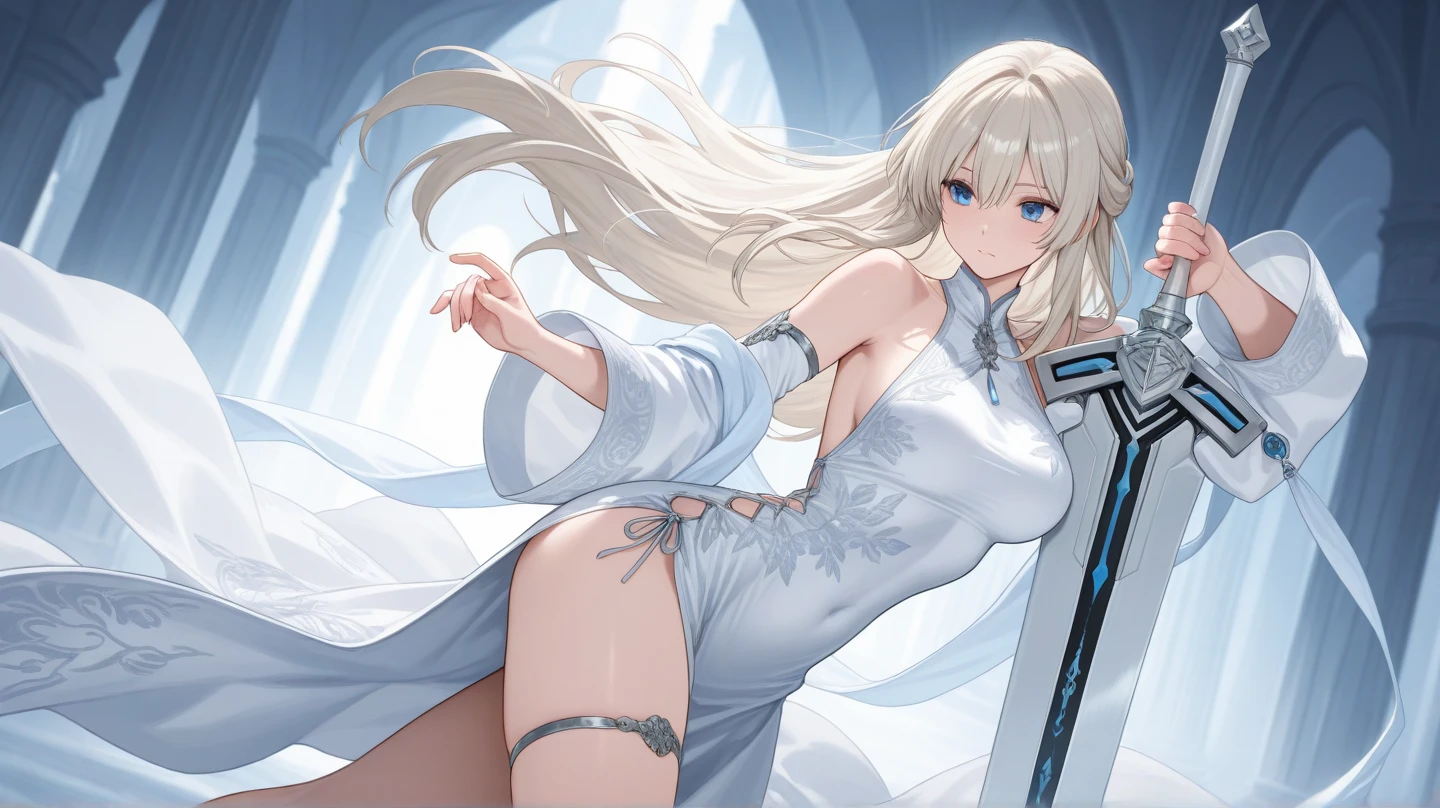 High quality,masterpiece,(A beautiful woman is surrounded by a ice ring:2.1),(translucent white gauze dress:2.2),ponytail,fantasy,(lightblue:1.4),(blueviolet:1.7),(ice:1.4),(detailed ice:1.9),beautiful detailed water,(sword:1.8),huge filesize,(snowing:1.4),ice,white_marble_glowing_skin,(blue eyes:1.3),unsheathing,(shaded_face:1.1),(light:1.6),(white hair:1.8),(contempt:1.4),(high_heel_boots:1.2),(single_elbow_glove:1.3),(ribbon:1.4),arm_garter,