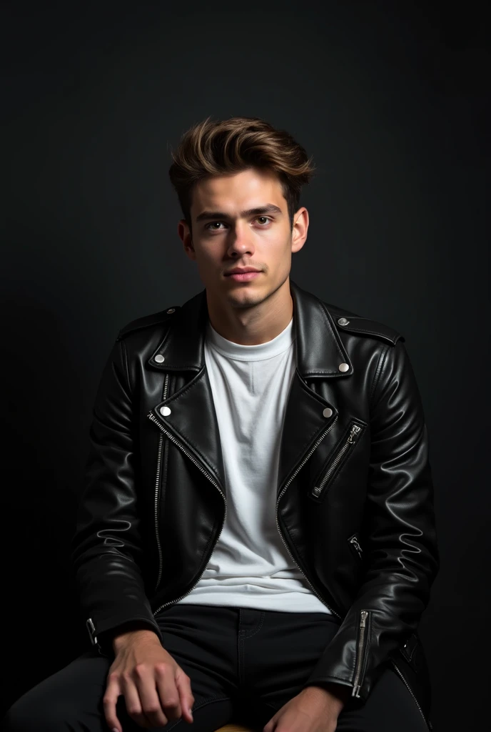 top quality, best quality, High-quality illustrations, masterpiece, super high resolution, beautiful male, young guy, 25 years old, athletic, piercing blue eyes, tousledshort  brown hair, charming smile, wears leather Jacket, has a black and white sun tattoo on his left forearm, theater lighting: 0.7, high res, depth of field, detailed background, bright stylish clothes
