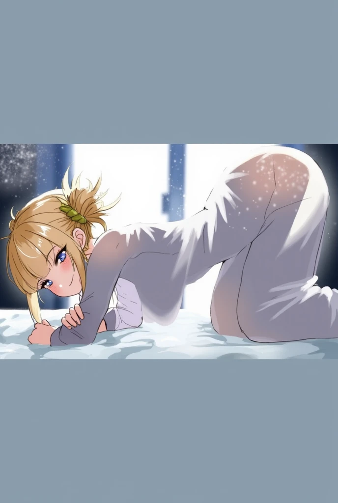 masterpiece, best quality, ryouna (senran kagura), heterochromia, blonde hair, :3, blue eyes, green eyes, large breasts, ahoge, multicolored eyes, beautiful eyes, short hair, cleavage, white thighhighs, open mouth, feathers, covered nipple, see-through, embarrassed,  ass , looking at viewer, large breasts, blush, :d, bodysuit, butt crack, sideboob, lying, <lora:Ryoun_senran kagura-000014:0.8> <lora:Senran_kagura_style:0.2>  <lora:MS_Buttlift_Lite:0.6>