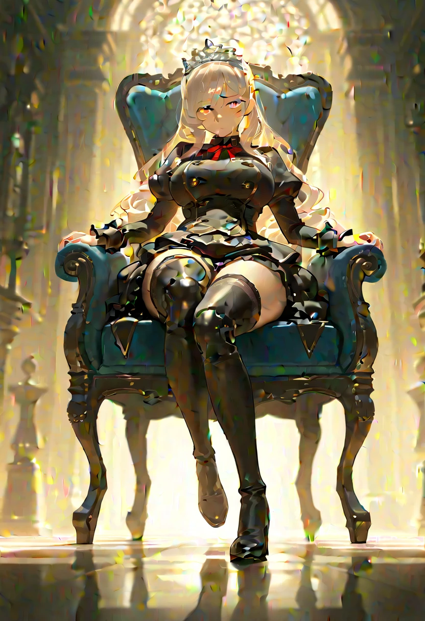 (waifu), ((sitting on giant throne)), ((huge throne)), on top of moving machine, more background, medieval, (full body), (high resolution), (high res), great quality, mature, perfect eyes, strong shadows, detailed face, detailed abs, direct light, under light, strong jaw, massive ass, neon lights, thick thighs, long torso, wide waist, skinny torso, fit, perfect face, neon light, (tight armor), (colorful vibrant light),