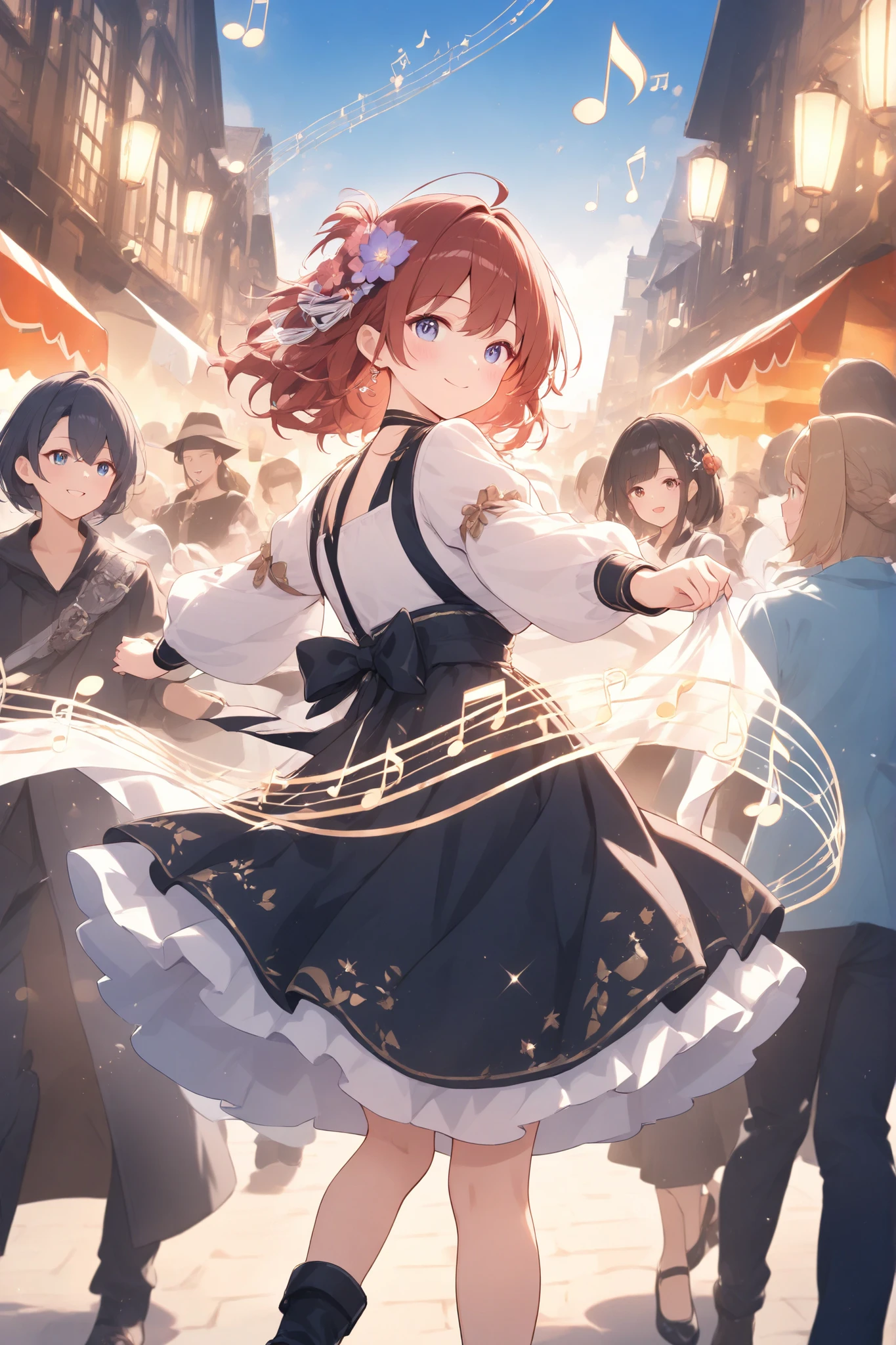 medieval European cityscape、beautiful flowers are displayed、Festival mood、citizens dancing on the street、((musical note))、Light effects、 beautiful effects