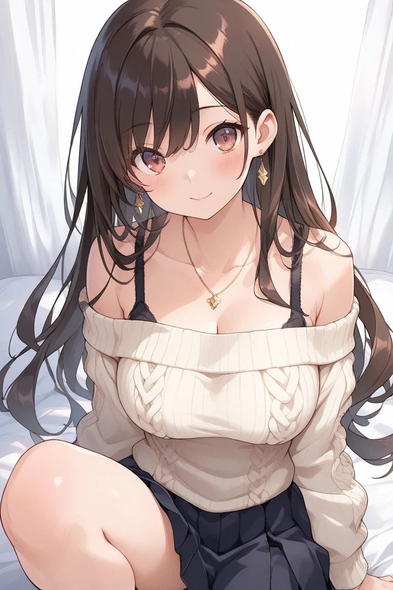 (masterpiece、Highest quality、Very detailed))、One girl、Black Hair、Long Hair、Wavy Hair、Grey Eyes、smile、Pink Lips、Large Breasts、((White sweater))、necklace、cleavage、((Off the shoulder))、((Strapless))、((panty hose))、Cowboy Shot、Bedroom Background