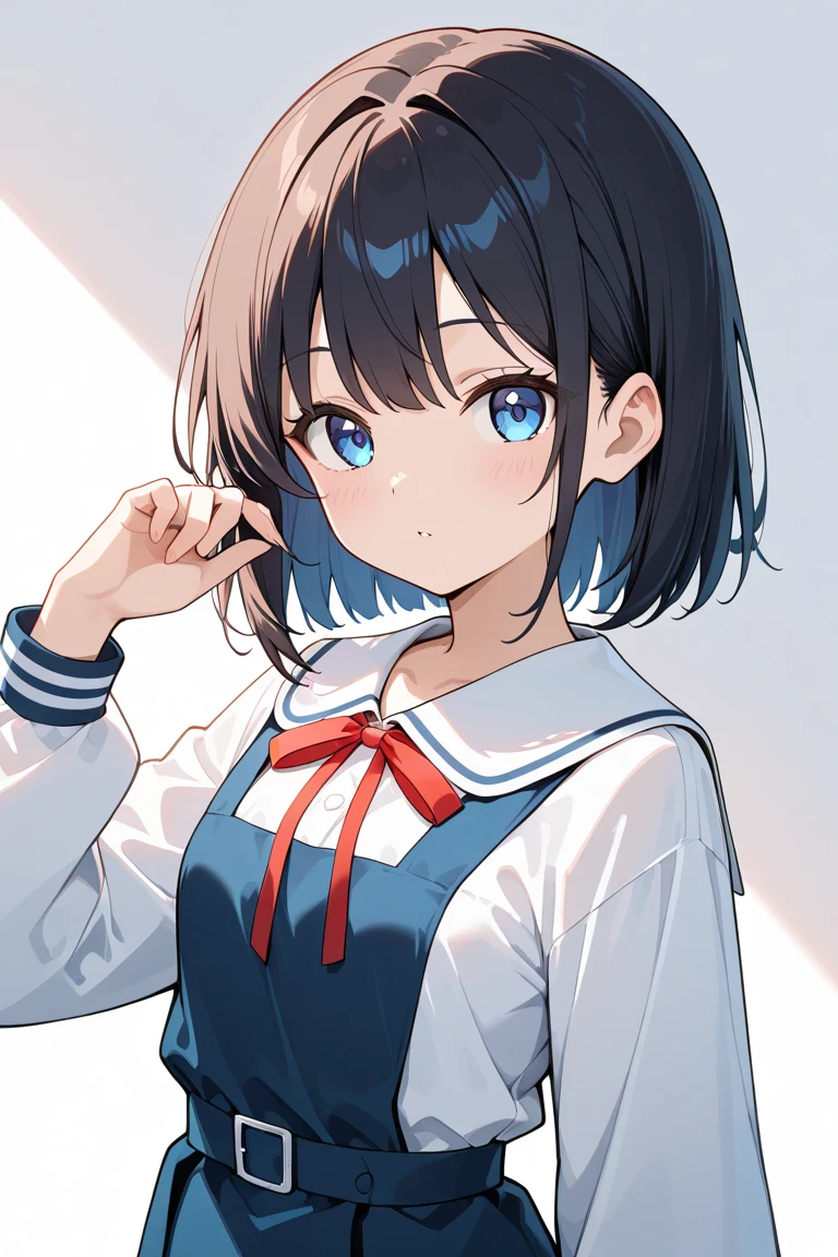 (best quality), (Super detailed), (Best Illustration), (1woman), look at viewer, (white serafuku), (large breasts), (embarrassed), nose blush, {brown hair, (bob cut:1.2), curly hair, hairs between eyes}, {(detailed eyes), twinkle(in the eyes), blue eyes},