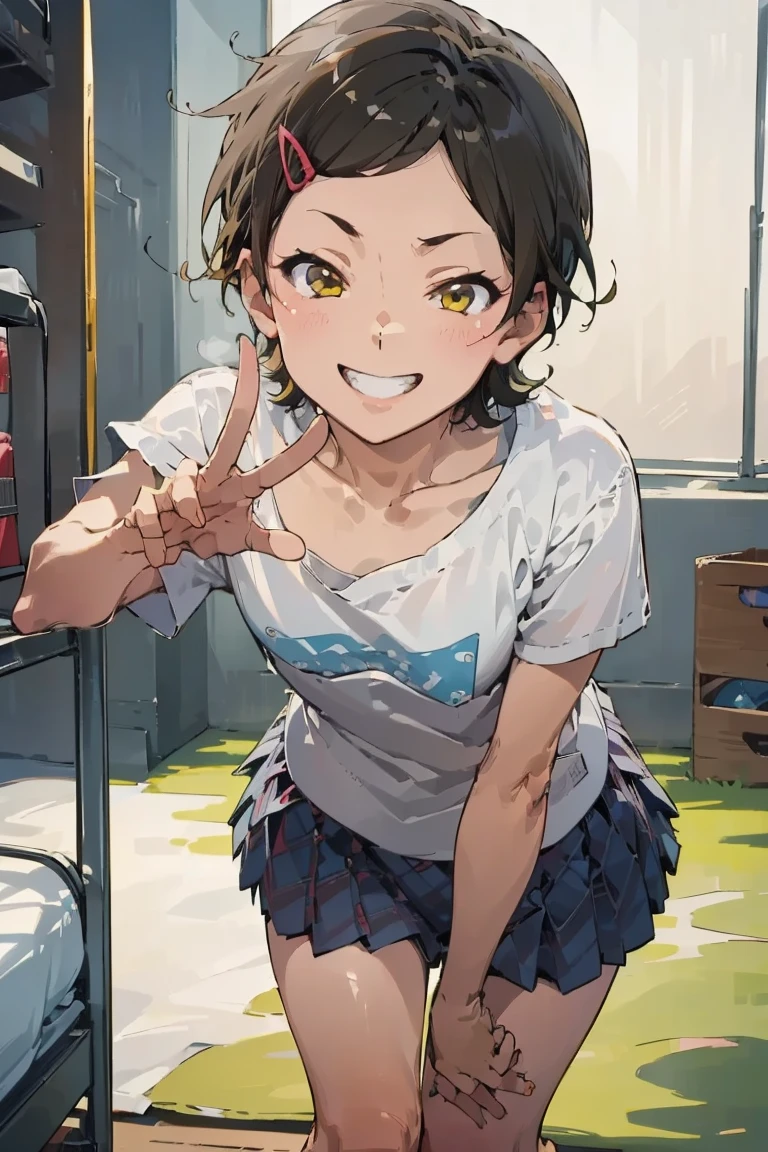 masterpiece, High resolution, High-definition CG Unity 8K,realistic,RAW photo, beautiful detailed face,detailed hair texture, beautiful face, Accurate, anatomically correct, symmetrical eyes,1girl,
slender,small breasts:1.2,(light brown hair), (very short hair),messy hair:1.2,(asymmetrical bangs),side undercut,
(green long maxi-skirt),(white solid t-shirt),(light gray panties),
(nose blush:0.3),(troubled eyebrows:1),(grin:1),
(dramatic angle),(squatting),(peace:1.2),