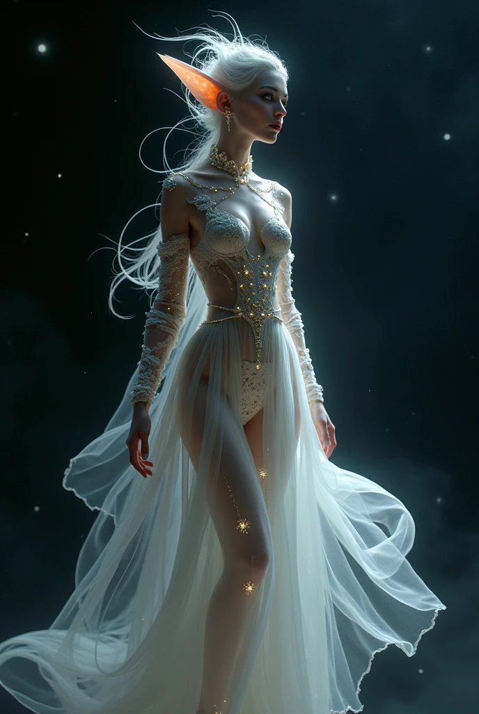 beautiful young alien woman, tall, thin, pale, wearing a transparent dress, full body, small breasts, nsfw