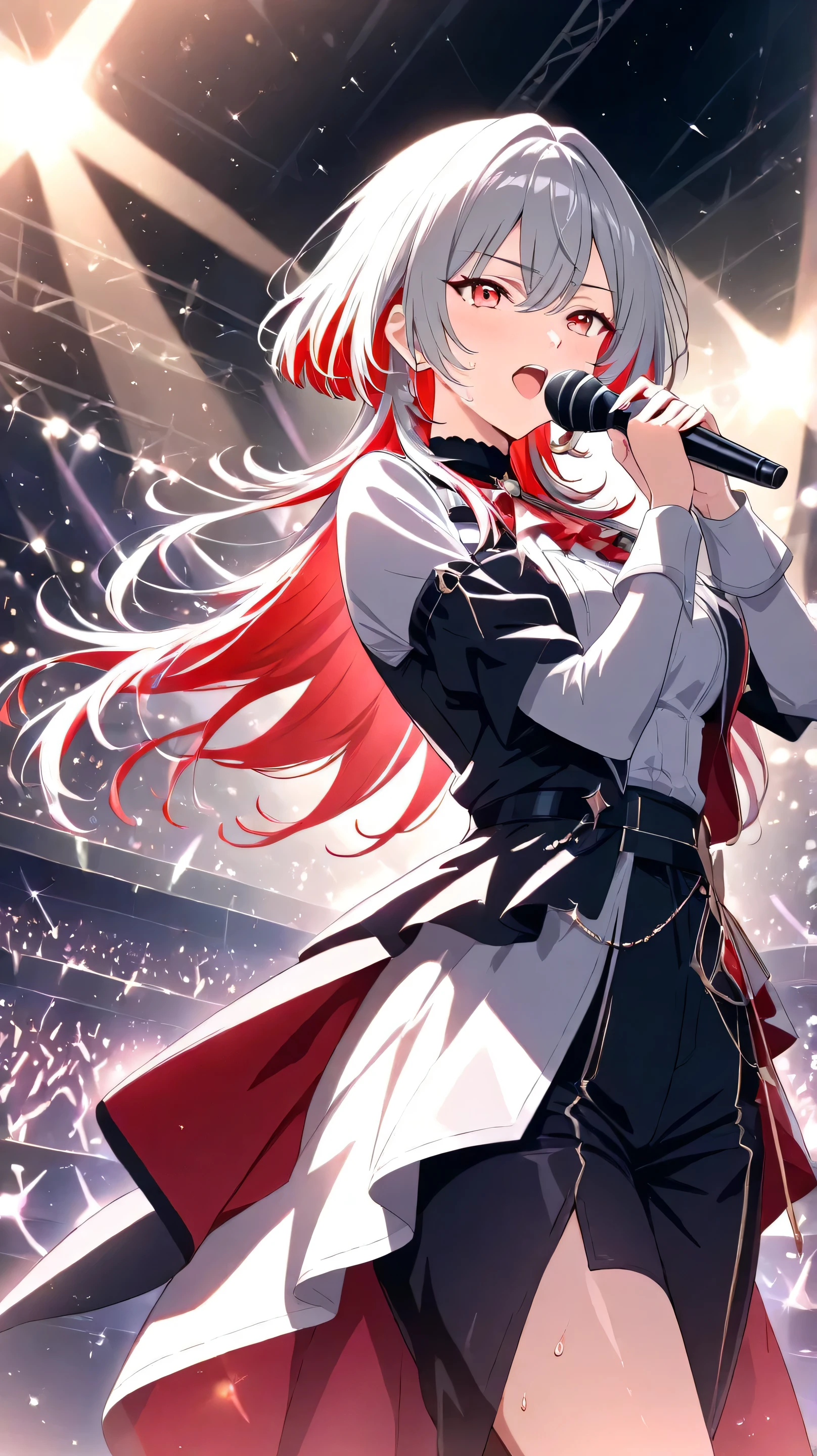 anime, masterpiece, best quality, 4K, solo, full-body, mature female idol on stage, gray hair with red highlights, red inner color, wolf cut hairstyle with sharp layers, side locks framing her face, sharp and calm eyes, composed expression, elegant and cool idol outfit, holding a microphone and singing, spotlight shining on her, standing confidently under stage lights, sweat glistening on her skin, crowd watching in admiration, soft glow and lighting effects, serene yet energetic atmosphere