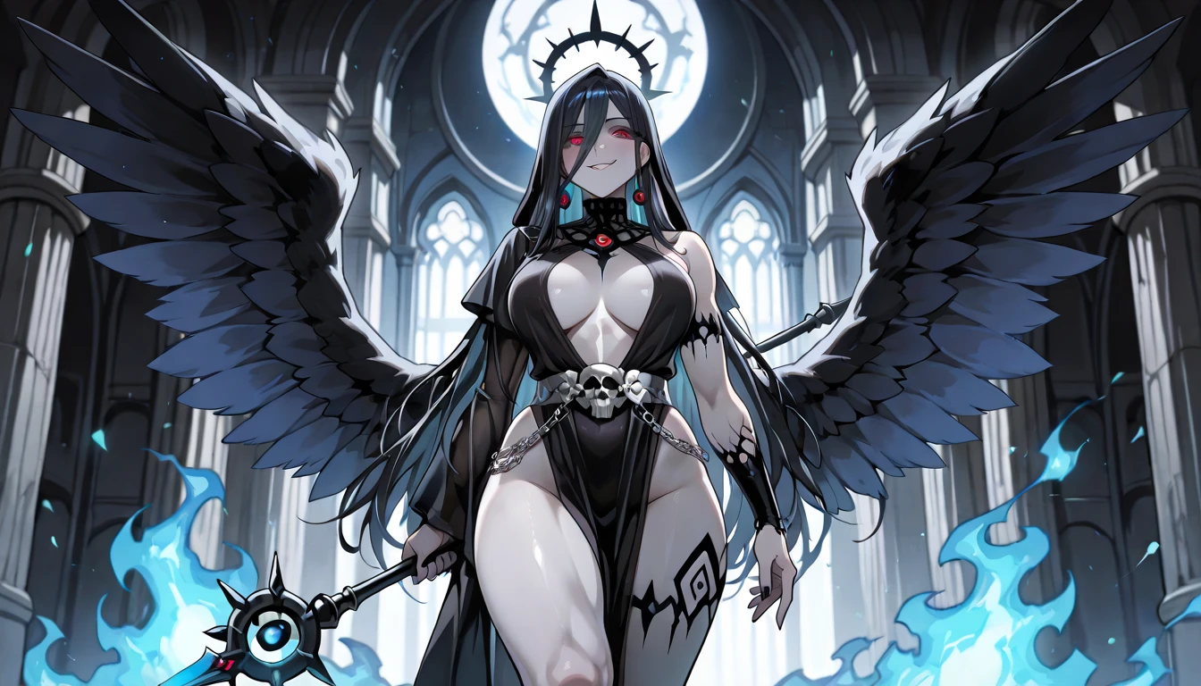 Cleopatra with extreme muscular body, huge breasts, fair skin, wearing ninja outfit with ninja mask, fishnet catsuit and white angel wings.