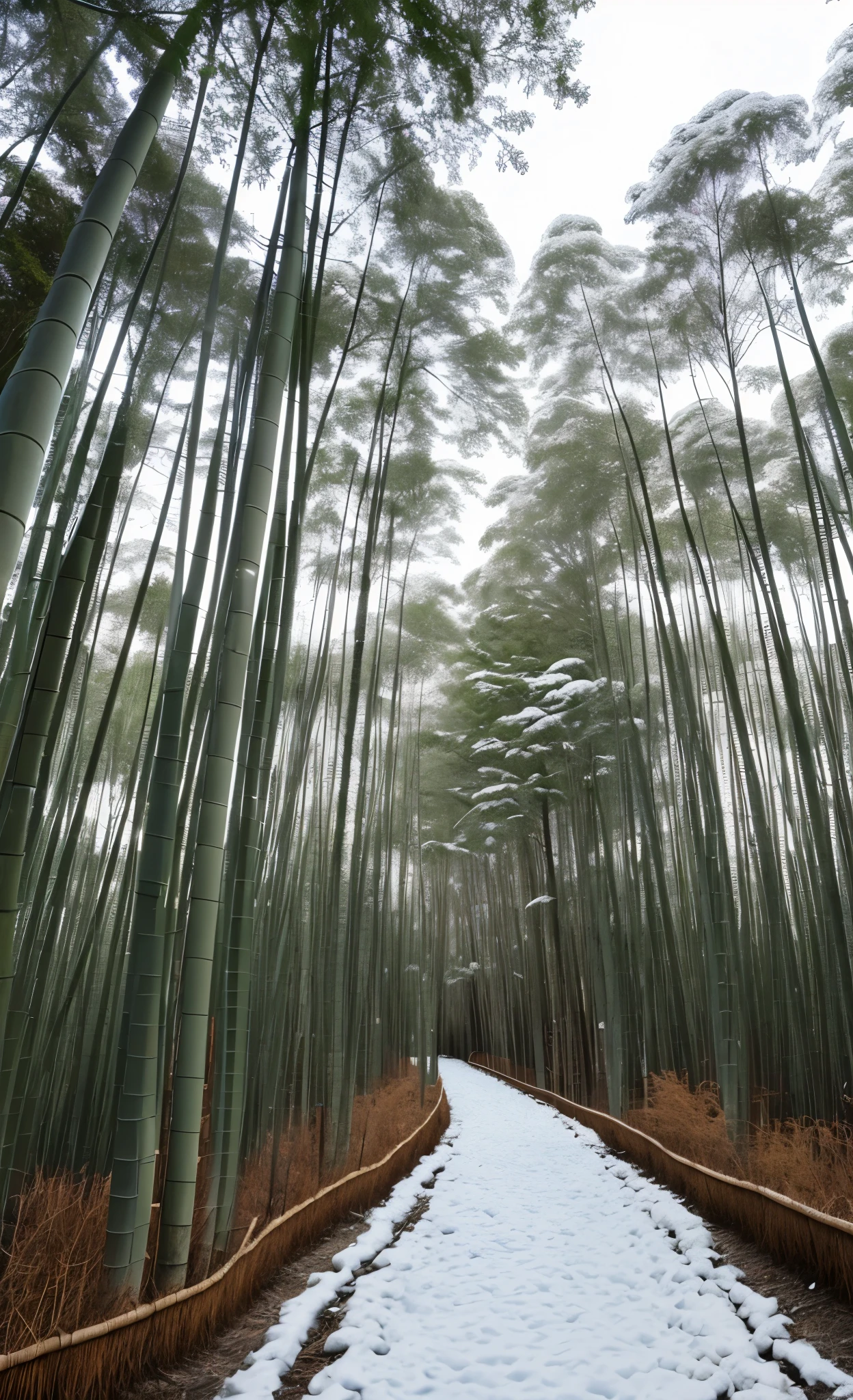 highdefinition images、A snowy landscape along the Sagano bamboo grove path in Arashiyama, Kyoto。