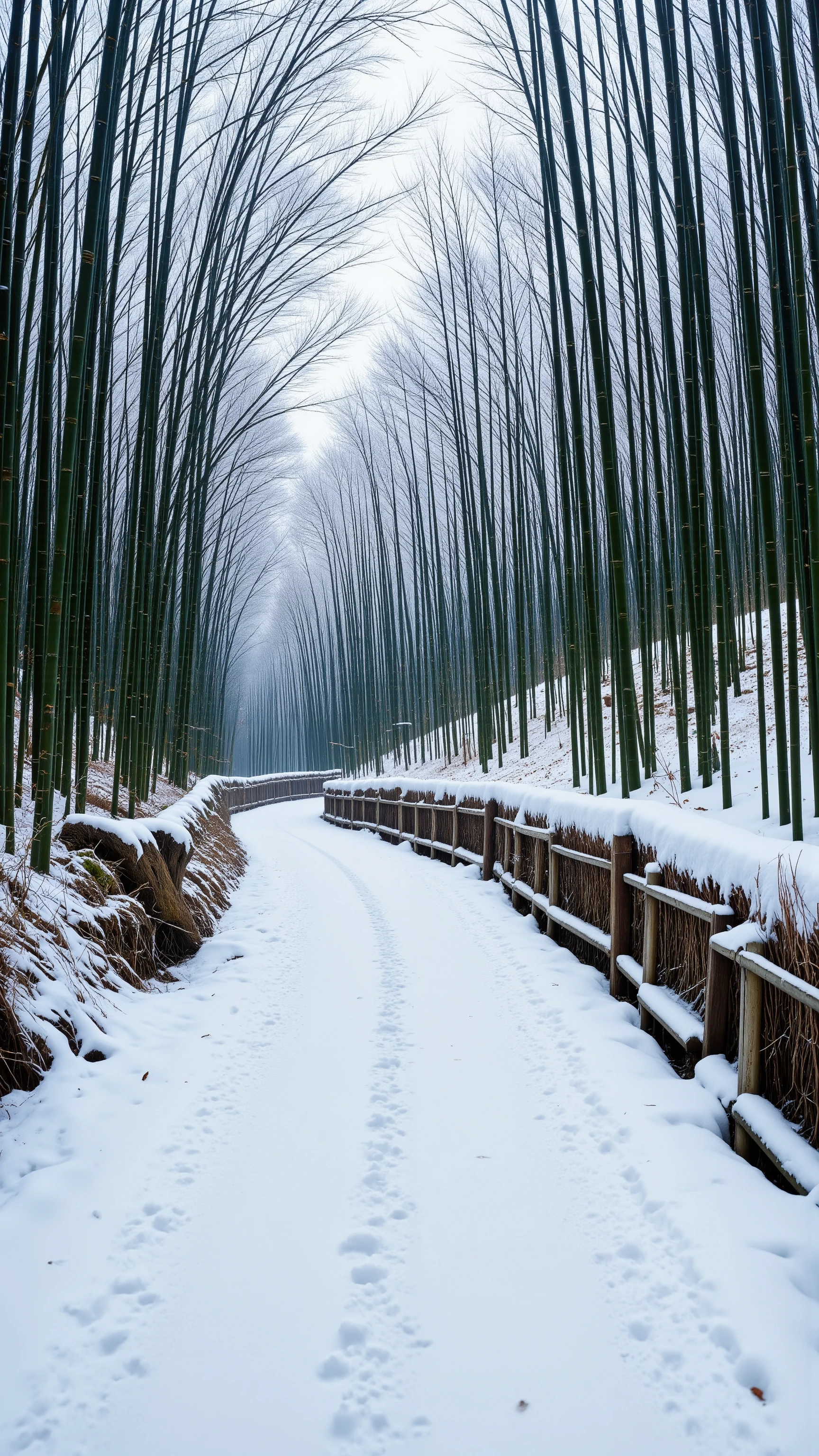 The high-definition image、Snowy landscape along Sagano Bamboo Forest Road in Arashiyama, Kyoto、Snow piled up on bamboo and snow on the road、Spectacular views。