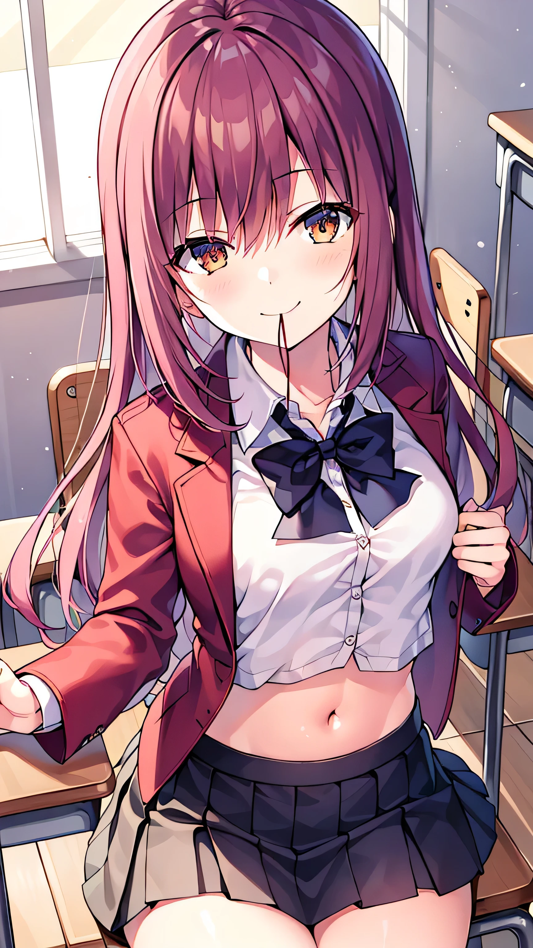 1 girl, masterpiece, POV, (red hair), brown eyes, red bang, two side up, black ribbon, (school blazer uniform), black blazer, white shirt, yellow ribbon tie, check pattern green skirt, exposing breasts, ((in class room)), nsfw, nipples, skirt lift, ((pink stripe pattern pantie))