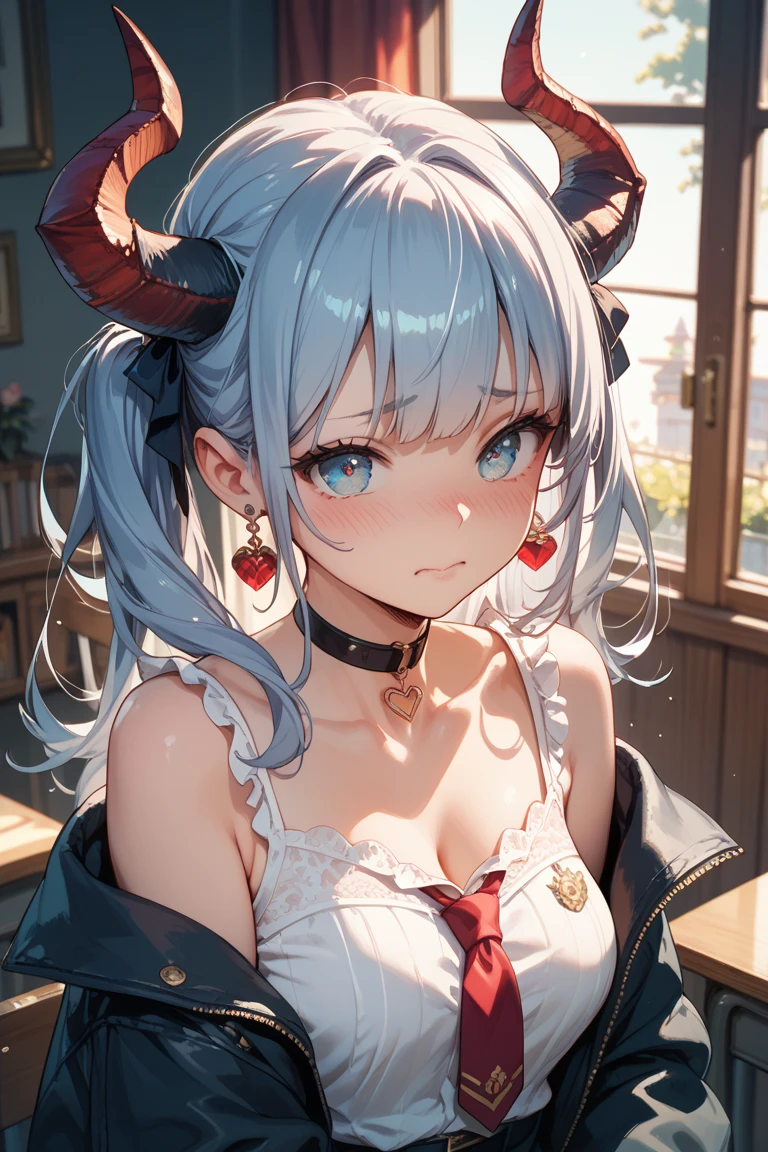 (1 demon girl), front lighting, (detailed face), masterpieces, 8k, ultra HD, succubus outfit, walking in medieval era agricultural area on daytime, gray hair, curly hair, (blushing: 1.5), toothy smile, heart eyes, front lighting