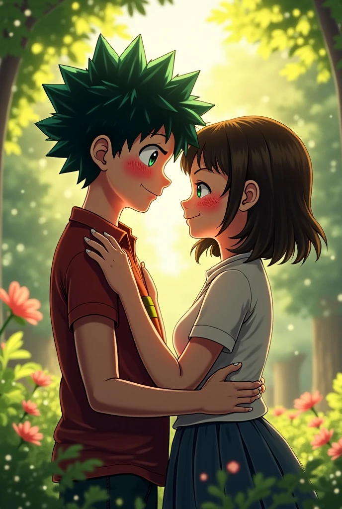 Jin Bubaigawara (Twice) from My Hero Academia hugs a brown-haired teenage girl, capturing a tender moment of affection.