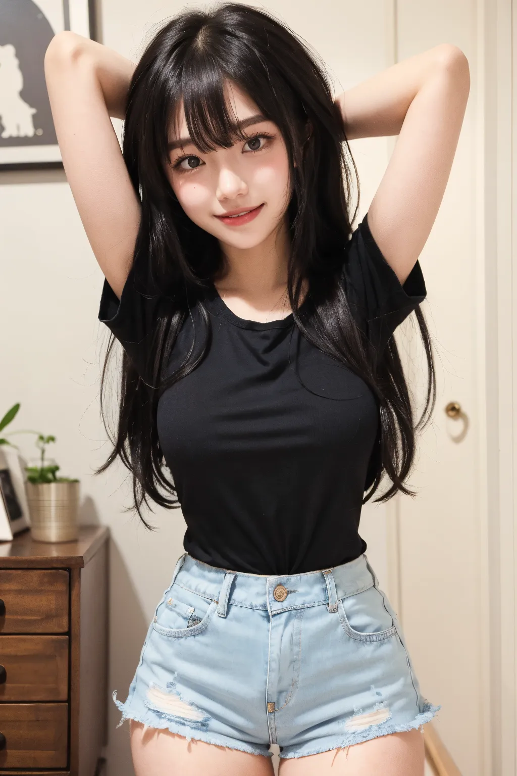 (in 8K、Raw photography、Photorealsitic:1.25)、(Hair growth）、(highlydetailed skin:1.2) dungarees 、Bra Top 、Black beret、lit by sunlight、bangss、Blunt bangs、Orchan、A smile、Looking for something gentle, Goddess-like happiness for the viewer、(Loose clothes、Ultra-thin fabric:1.2)、((small areolas、small tits:1.3))、happy smail、(( In a natural way))、(Thin and ultra-realistic eyebrows)、((Lower your arms))、((Lens aperture f1.8:1.3))