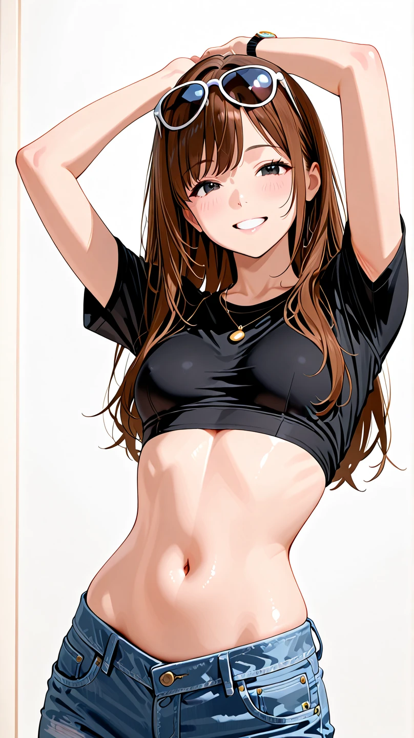 ((perfect anatomy:1.2,realistic,:1.3,RAW Photography:1.3,masterpiece、highest quality、Ultra - High resolution、High resolution、Highly detailed CG、8K)),cowboy shot,1 female,solo,20 year old beauty,((beautiful detailed face and eyes,big and gorgeous eyes)), brown eyes,open mouth,steam、heavy breathing,,(brown hair,long hair,forehead,center parted hair:1.2、straight hair),(medium breasts,slender body,small head:1.3,skinny,tan skin,gleaming skin,oily skin,shiny skin,sweat:1.4), BREAK ,(((navel, sweatshorts,dark gray micro shorts))), BREAK ,squatting,training in progress、spread legs:1.5,arms up,gymnasium hall, (topless:1.4), niplles