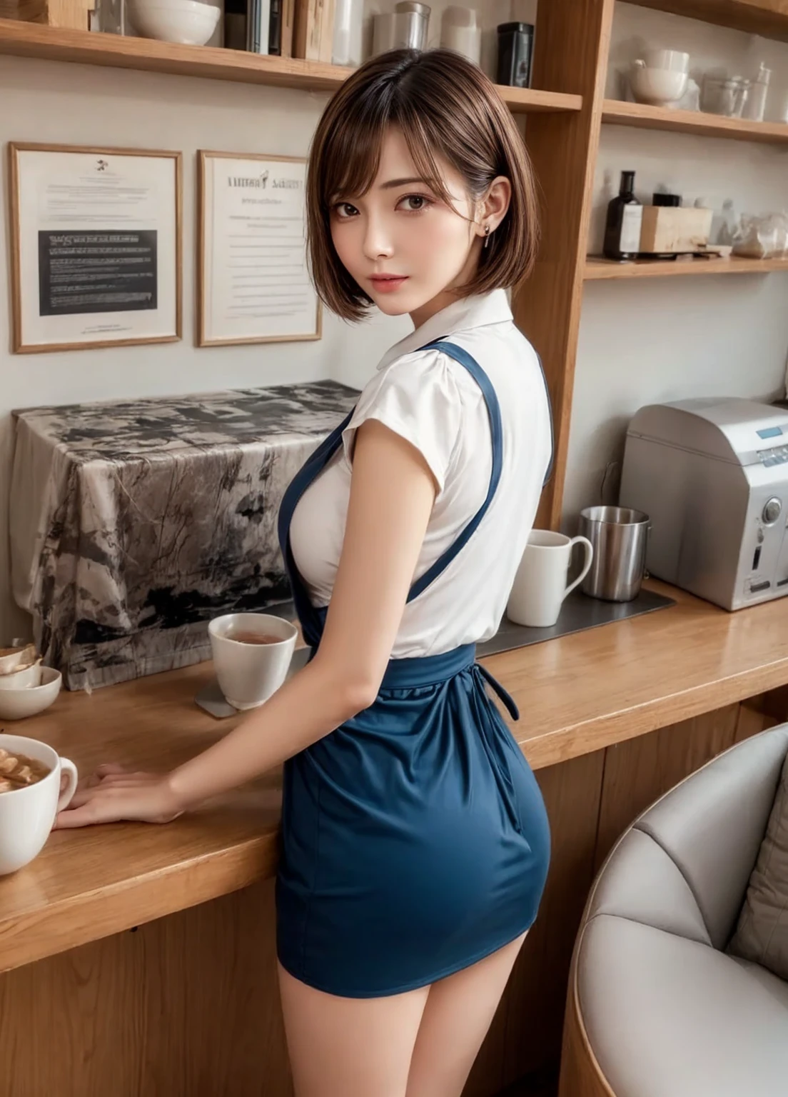 (Photorealistic:1.8, highest quality:1.8,8K masterpiece:1.8,High resolution,Mastepiece:1.8,RAW Photos,Cinematic lighting、lighting from behind),No split screen、morning、maid Cafe、(1 female shop assistant)、(Misaka Mikoto)、
(Completely naked、choker、Medium chest、Beautiful hair ornament、Maid clothes、mini skirt、Wide open chest、Beautiful thighs、Plump nipples)、Bust Shot、
(short hair、Beautiful, shining red, blue, white, and brown hair:1.5)、Beautiful and detailed blue eyes、Beautiful lip、Detailed correct finger、Realistic:1.3、Open mouth smiling、looks fun、holding a coffee cup、Random Pause