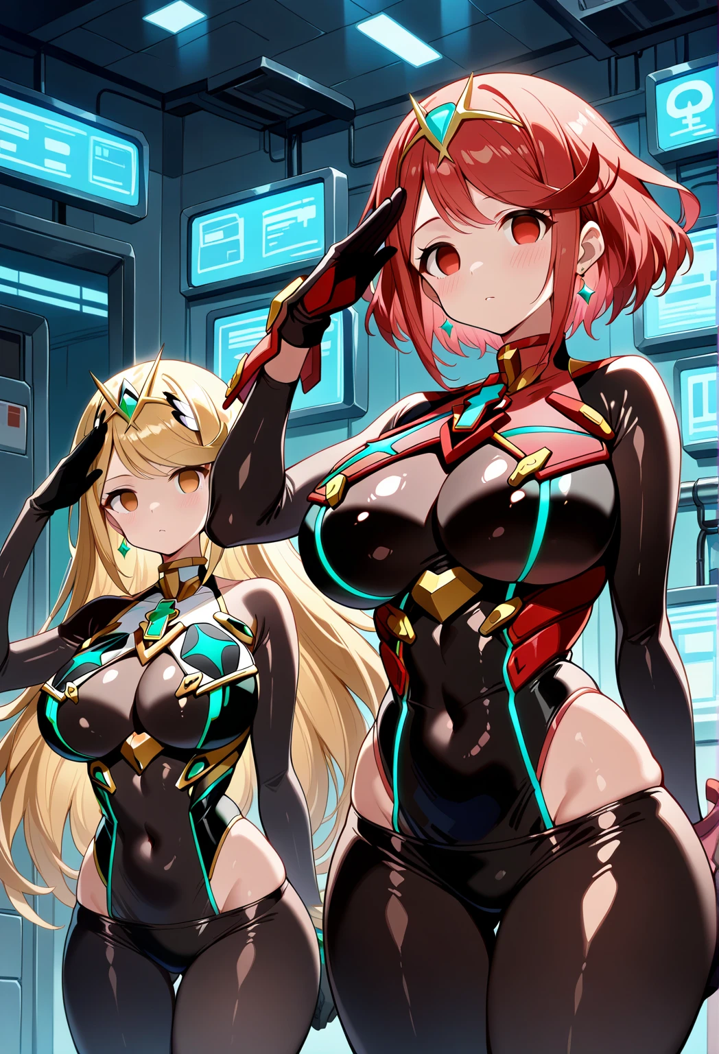 4K,hight resolution,One Woman,Orange hair,poneyTail.Green eyes,Colossal tits,White Cybersuit,Longsword,Underground base
