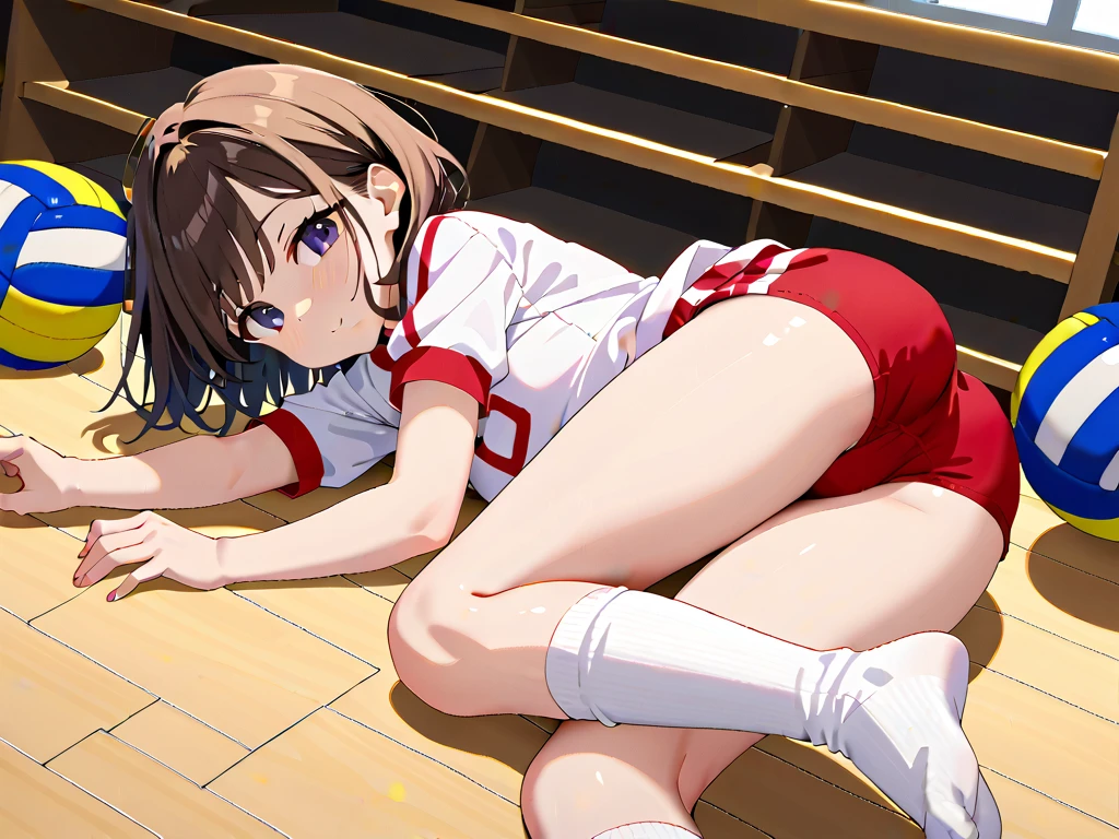 1girl, evil neuro-sama, red eyes, light brown hair, ahoge, two side up, hair ribbon, dark red ribbon, heart hair ornament, (masterpiece, best quality), highly detailed, finely detailed, gym uniform, outdoors, sitting, knee up, school, sneakers, white socks, track and field,