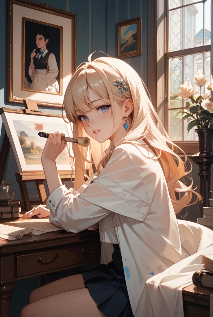 (Highest quality, masterpiece, Art Station, Fantasy art:1.2), Beautiful cute, (Long, messy, platinum hair:1.1), (White sleeveless long T-shirt, White panties:1.2), Empty marble room