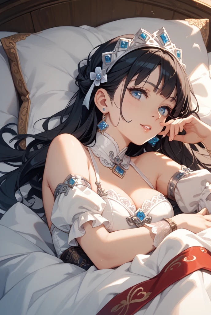 Highest quality, masterpiece, Ultra-high resolution, female、Big Breasts、Fantasy Beautiful Queen、Lying on your back in bed、A beautiful dress that doesn't reveal much、Clothing Sex Immediately After、Unfocused hollow eyes、Drooping eyebrows、Convulsing with back arched、Having a full-blown seizure、hair ornaments、blush one&#39;s cheeks