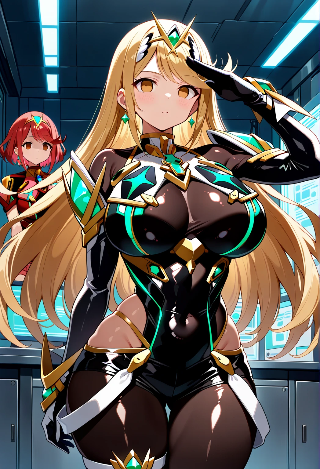 (masterpiece),(ultra-detailed), (high quality), (high resolution), (best quality:1.5, highres, UHD), highres, absurdo, ultra detail, ultra quality, ((2heads:1.5)), 1girl, (long hair), blue hair, blonde hair, glowing green eyes, cleavage, thighs, (purple armor), female warrior, insignia, (fully armored), (medieval outfit), armored breasts, armored chest piece, gorgeous female knight, Guild Clothes with Armor, ((mature woman)), seductive silhouette, smooth and lustrous skin, sexy proportions, slim legs, ((beautifully tall and slim woman)), futuristic city, gentle smile