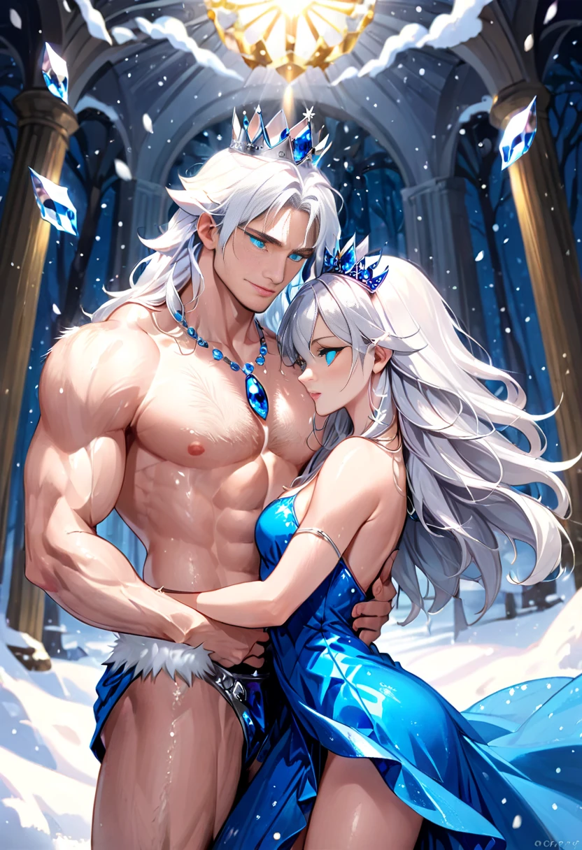 (man hugging a black-haired girl), long dress girl, masculine man, masculine face, attractive, muscular, (((1man))), masterpiece, absurdres, best quality ,intricate details, ((((full body)))), (shiny skin, shiny body, shiny oily luster skin, shiny hair, pale skintone), Sundown, attractive, ((muscular)), adult, one, earrings, Don't look at the view , Not looking at the view, silver hair man, braided hair man, perfect detailed face, perfect detailed hands, triton, fins, red eyes, triton ears, smirk, marine sea ornaments, open chest, ((long mermaid tail)), no legs, under the sea, fishes, masculine features, masculine face, (((night))), moonlight, darkness, dark light, character seen from afar