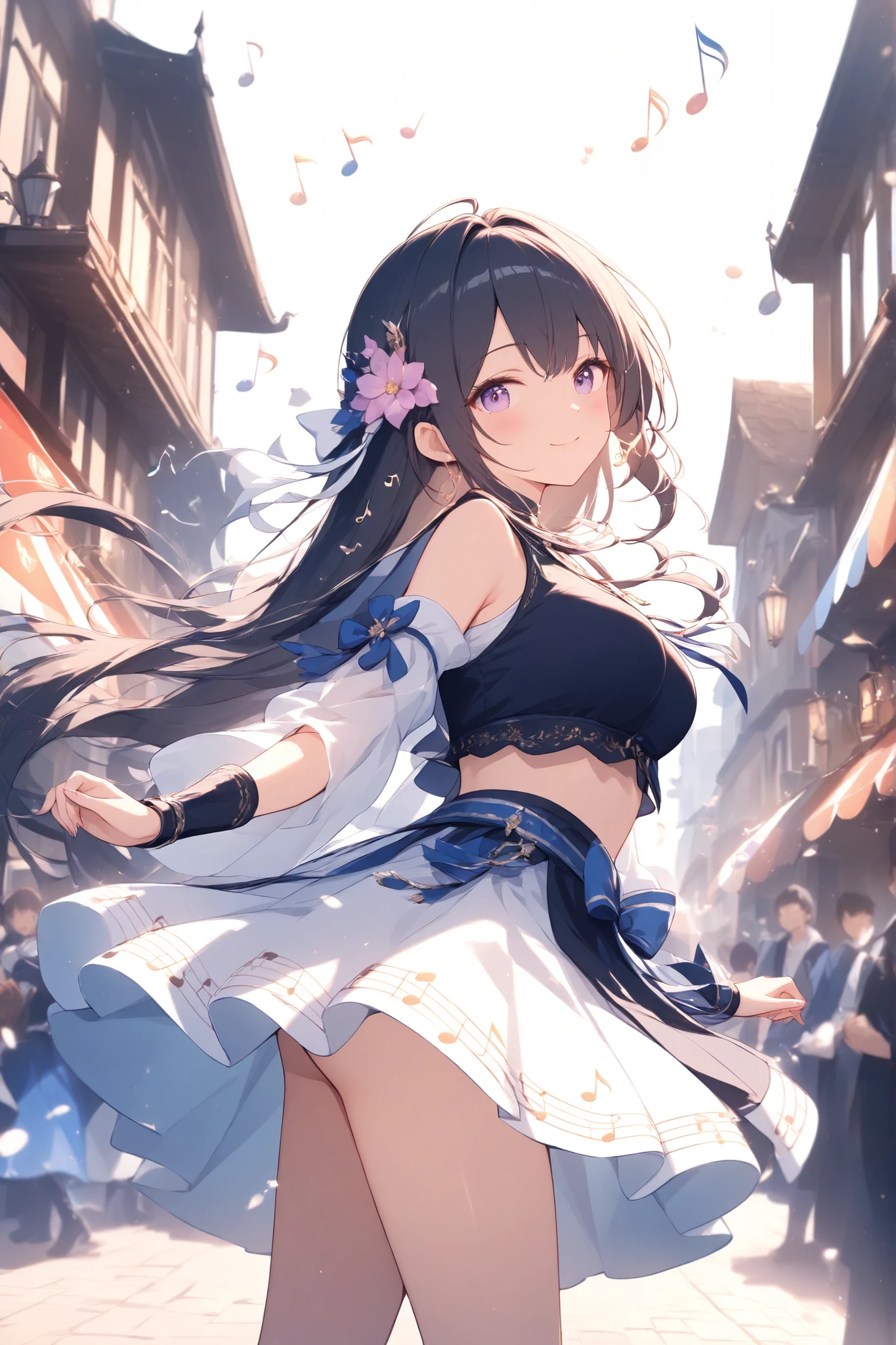 (masterpiece:1.2),(High Quality),medieval European cityscape、beautiful flowers are displayed、Festival mood、citizens dancing on the street、((musical note))、Light effects、 beautiful effects