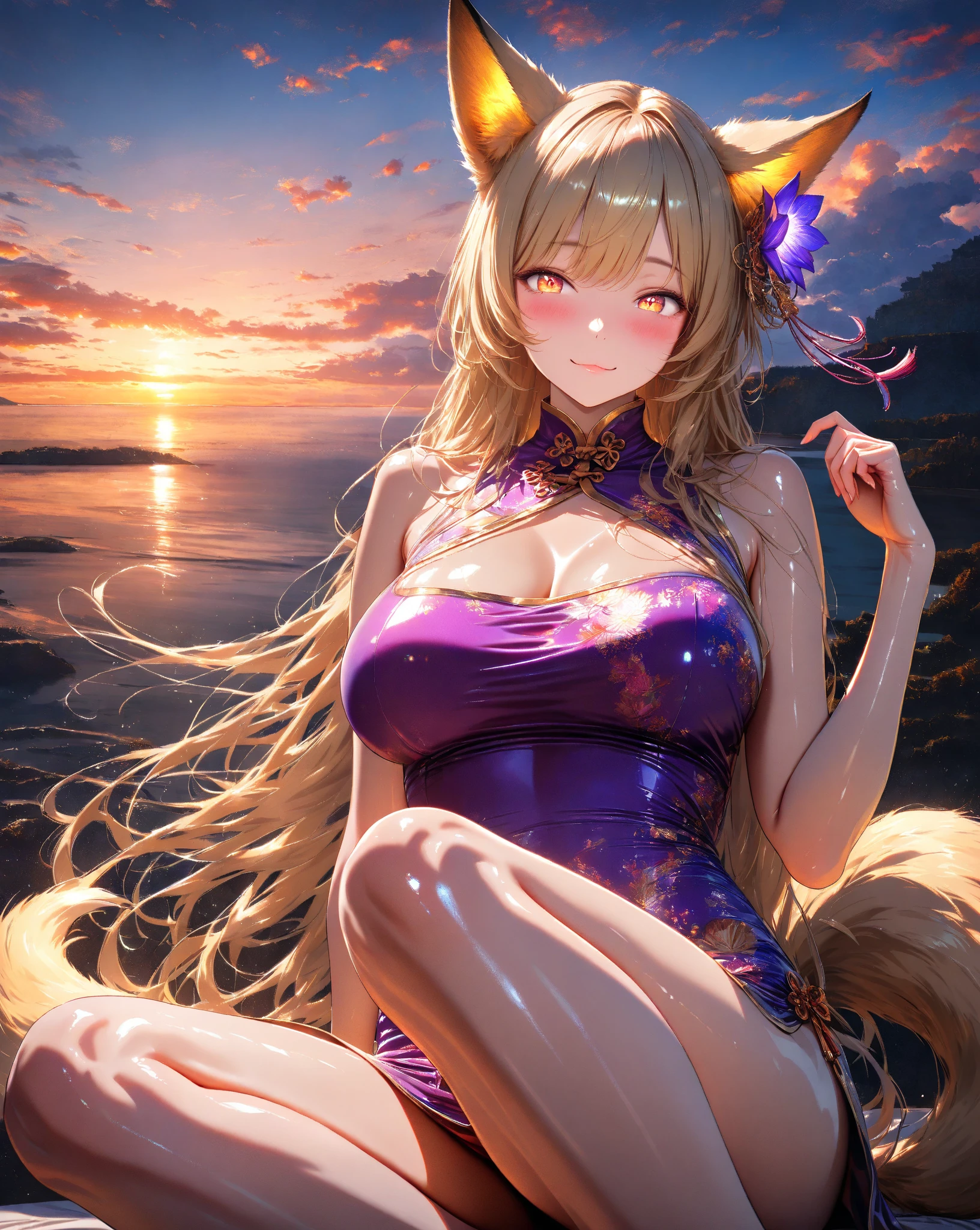 Realistic and detailed image of nine-tailed fox girl、Add crown half-up to FGO's Jeanne d'Arc-like hairstyle、Measurements: B99W58H90、Weight 59kg、Height: 172cm、Add star-shaped hair ornaments to both sides of your bangs、Hide the right eye with bangs、Her facial features resemble those of Ganyu from Genshin Impact.、Gochiusa pose、lingerie、Extraordinarily shiny, long, silky blonde hair、blue eyes、She has cute earrings and long eyelashes、choker、Elf Ears、She has plump lips、She has a faint red lipstick、Thick thighs、Sleeping in bed、Snowy Night、Dark atmosphere、Starry Night