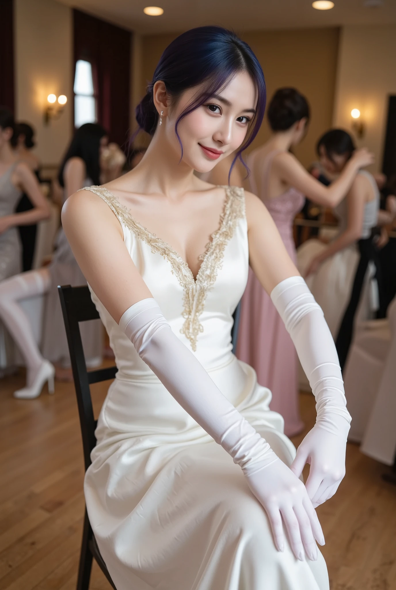 Wearing the cutest purple maid in the world,Z Cup Big,Sculpture model attracts, (1girl in:1.3)、photos realistic、Photorealsitic:1.4 Official art、ultra-detailliert、Beautiful and aesthetic、Beautiful fece、masterpiece、top-quality、sitted、Spread your legs、Colossal tits、(barechested)、The cutest maid choker in the world、The cutest gloves in the world、Beautiful skin、The cutest earrings in the world、Cute smile、At the cutest café in the world、The cutest gravure idol pose in the world、The most attractive body in the world、Soft Round Large