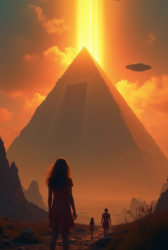low angle dolly in, cinematic, Naturalistic film style, natural light, film grain, nude woman astronaut, endless black space, in the middle a giant cosmic ancient stone pyramid levitates, the pyramid exudes a green glow, storm, thunder, stars and planet explode, star wind